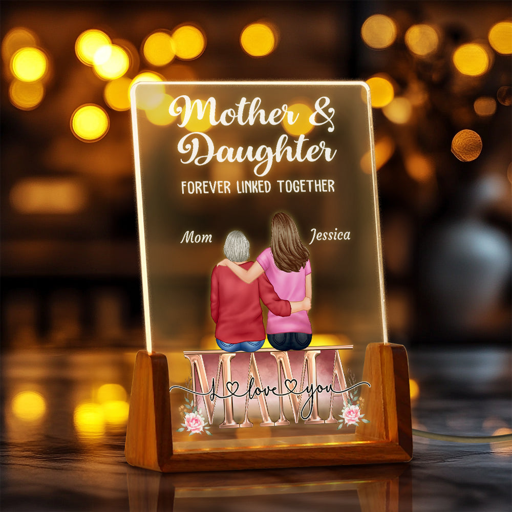 Lámpara de noche LED con nombre y base de madera personalizada con dibujos animados de mamá y 1-4 niños unidos para siempre Decoración para el hogar Regalo del Día de la Madre para mamá abuela