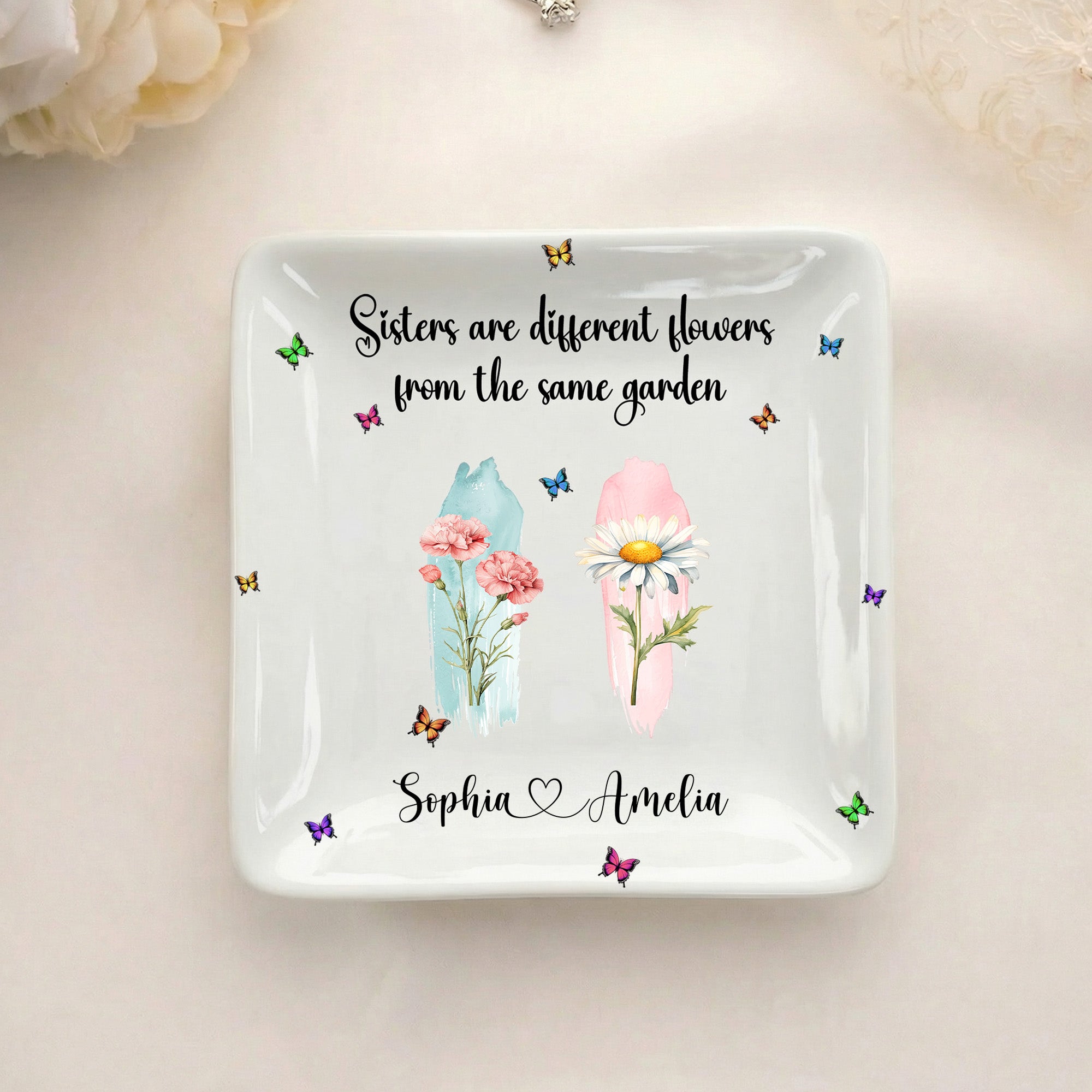 Personalizada Nacimiento Flor Cuadrado de cerámica Baratija Joyería Plato con Nombre y Título Cumpleaños Afirmación Regalo para Amigos Hermanas Besties