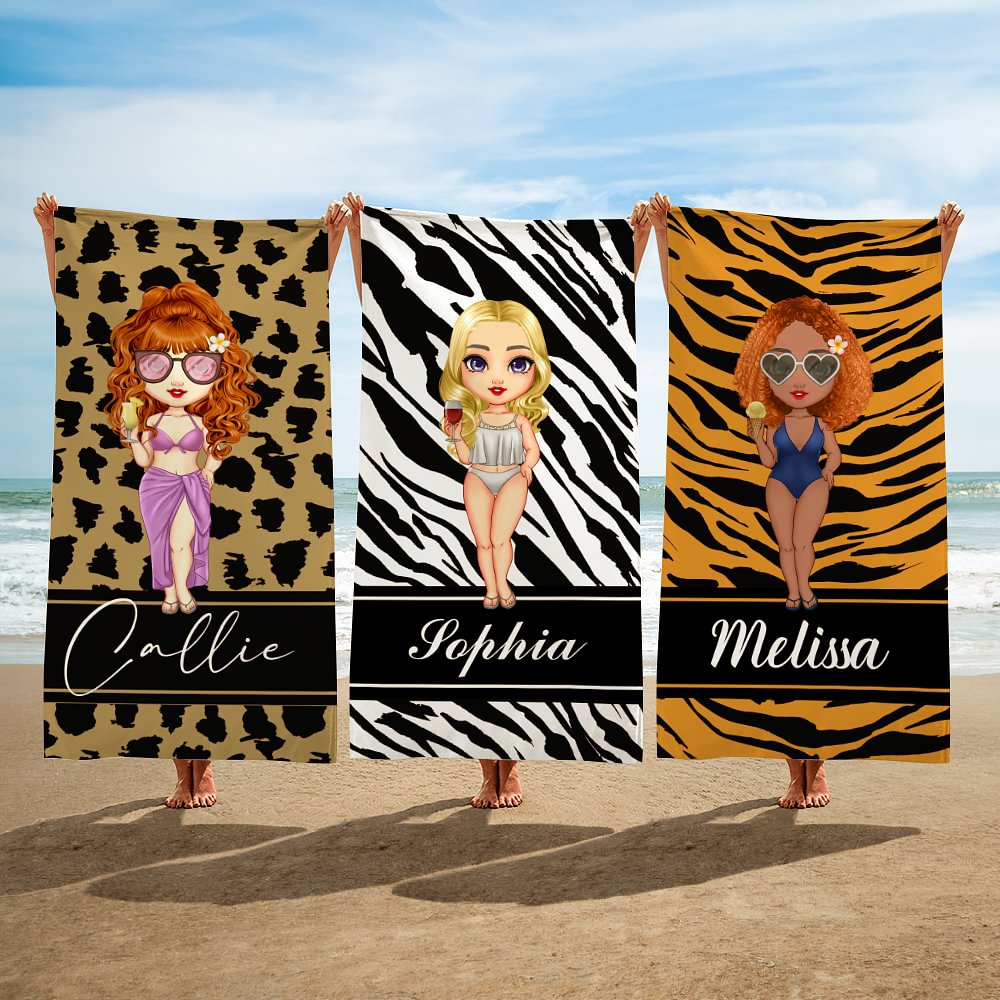 Personalizada de imitación de piel de leopardo de impresión de dibujos animados Beach Girl suave de secado rápido Toalla de playa con nombre de la piscina Essentials regalo de cumpleaños para las muje
