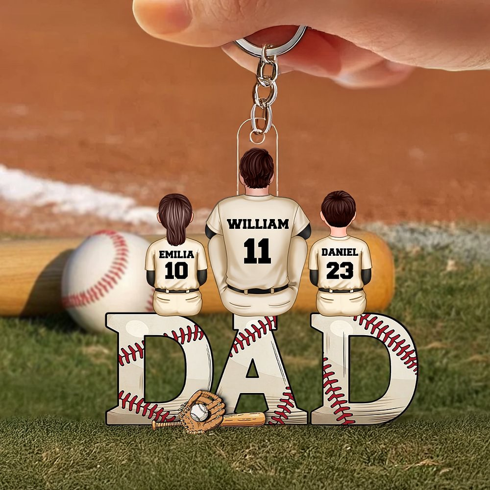 Llavero acrílico personalizado de papá y 1-4 niños de béisbol con nombres y números Regalo de cumpleaños del Día del Padre para papá Jugadores amantes del béisbol