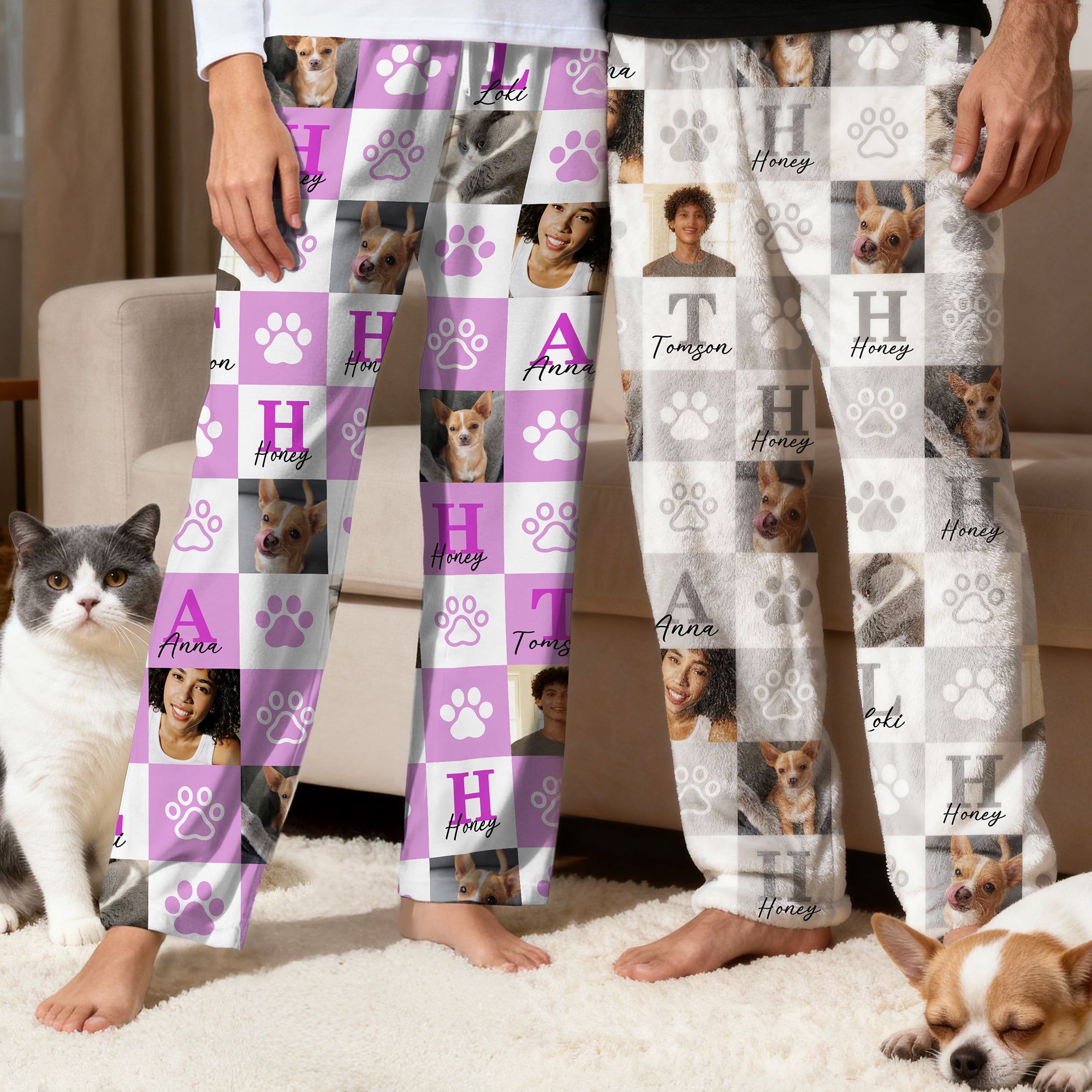 Personalizado Paw Print 1-6 Fotos Multicolor Plaid Mujeres Hombres Pijama Pantalones con Iniciales y Nombres Fiesta Cumpleaños Regalo para los dueños de mascotas amantes