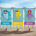 Toalla de playa de gran tamaño y secado rápido personalizada con el nombre de un simpático animal marino, regalo de cumpleaños para niñas, niños o adolescentes.