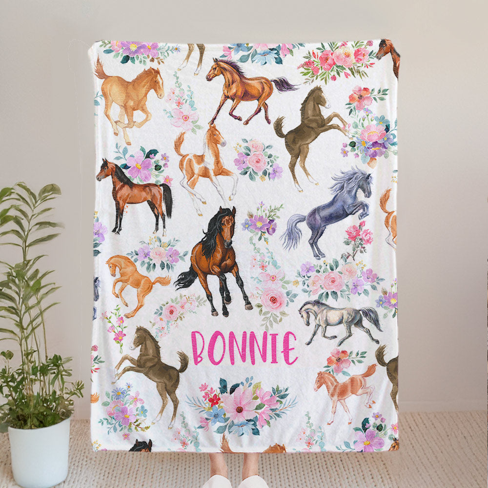 Manta personalizada con el nombre de un caballo, floral, suave y cálida, para decoración del hogar, regalo de cumpleaños, día del niño, baby shower, para niños, recién nacidos, amantes de los caballos