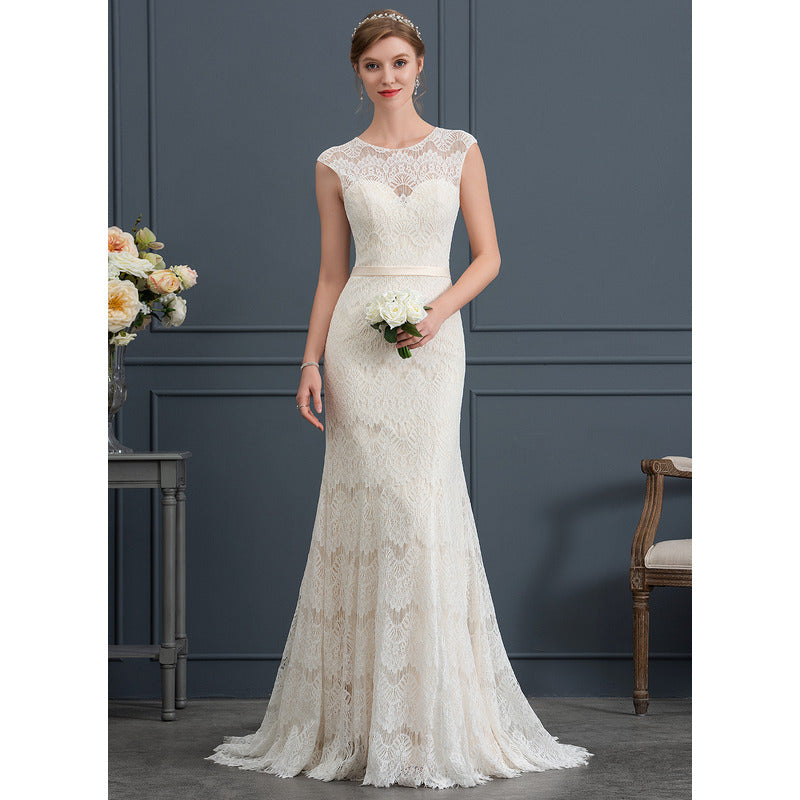 Bridal Wedding Dress White Cap Sleeve Long Scoop Mermaid Lace