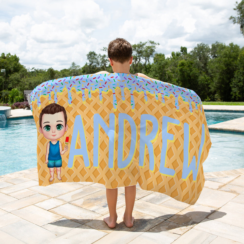 Toalla de playa personalizada de microfibra de secado rápido con el nombre Ice Cream Drip Cartoon Summer Travel Essentials Birthday Gift for Family Friends