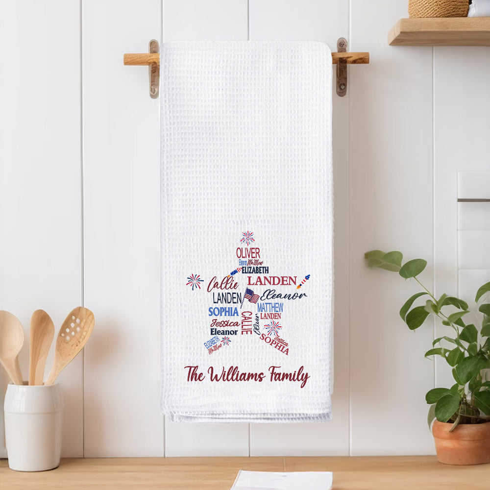 Personalizado 1-19 Nombres Fuegos Artificiales Bandera Suave Waffle Toalla de Té con Texto Decoración de Cocina Patriótico 4 de Julio Día de la Independencia Regalo para la Familia Amigo