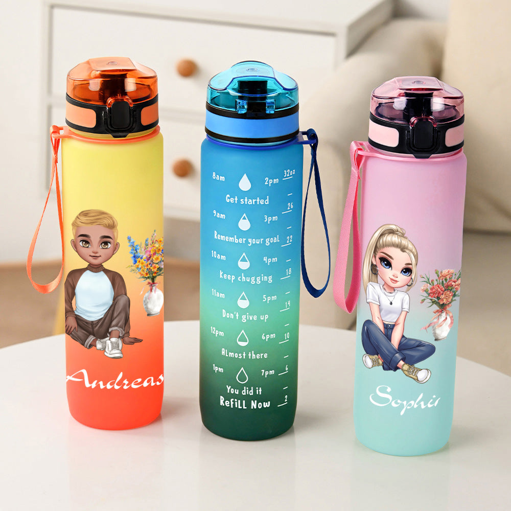 Personalizada Cartoon Personaje Nacimiento Flor Ramo Nombre 32 oz Gradiente Botella de Agua con Marcador de Tiempo Motivacional Cumpleaños Deportes Regalo para Mujeres Hombres