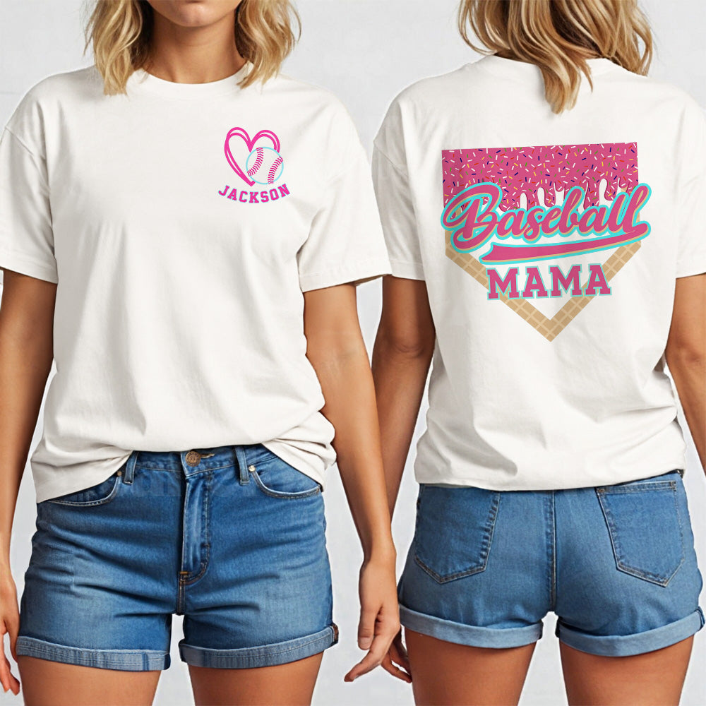 Camiseta personalizada Ice Cream Drip Baseball Mama 100% Algodón con Nombre Birthday Baseball Game Gift for Baseball Mom Baseball Lovers