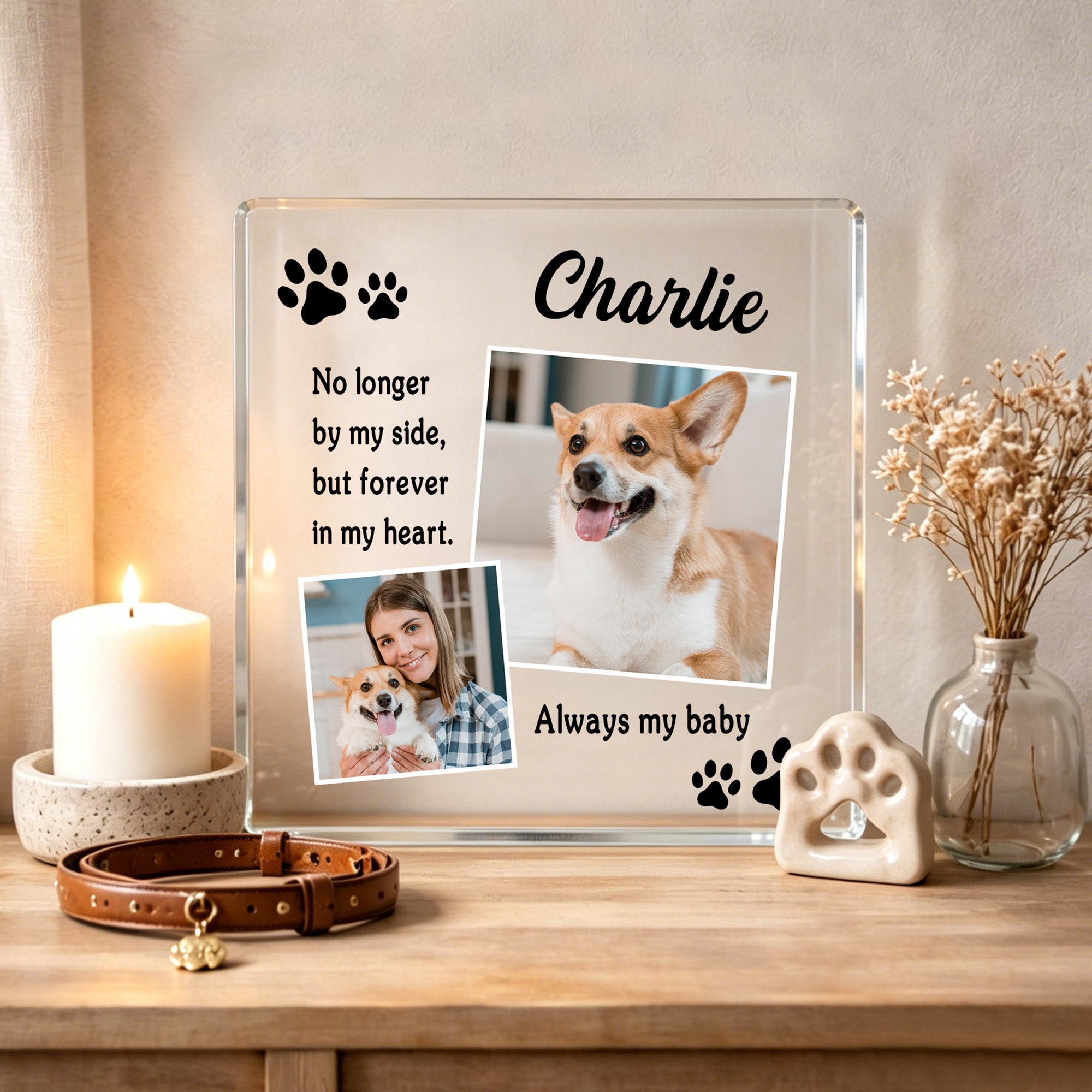 Placa acrílica cuadrada personalizada con 2 fotos en collage y nombre Decoración para el hogar Regalo conmemorativo para la madre del dueño de la mascota