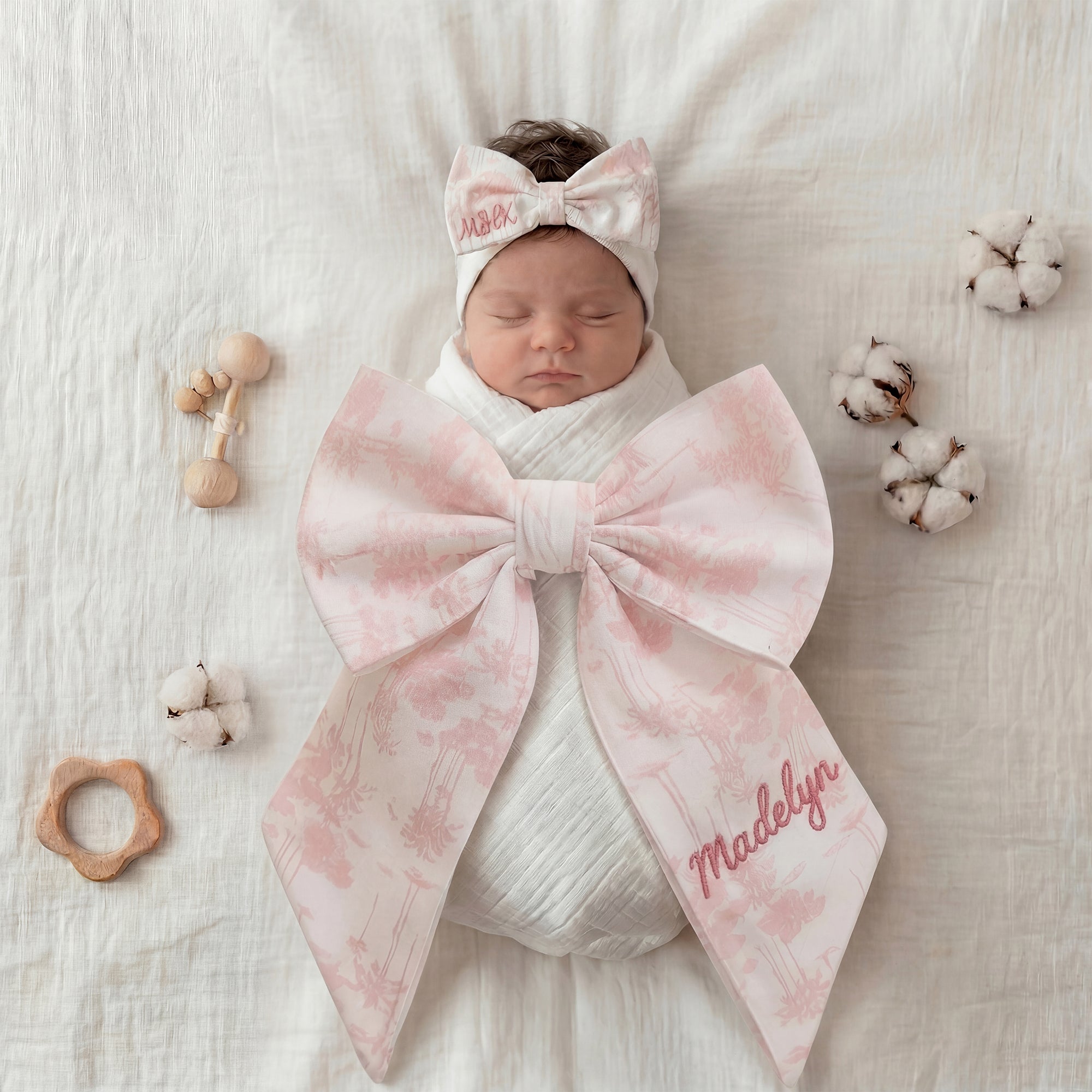 Nombre bordado personalizado Lazo rosa Diadema Faja Set Maternidad Fotografía Prop Baby Shower Regalo para mamá recién nacida