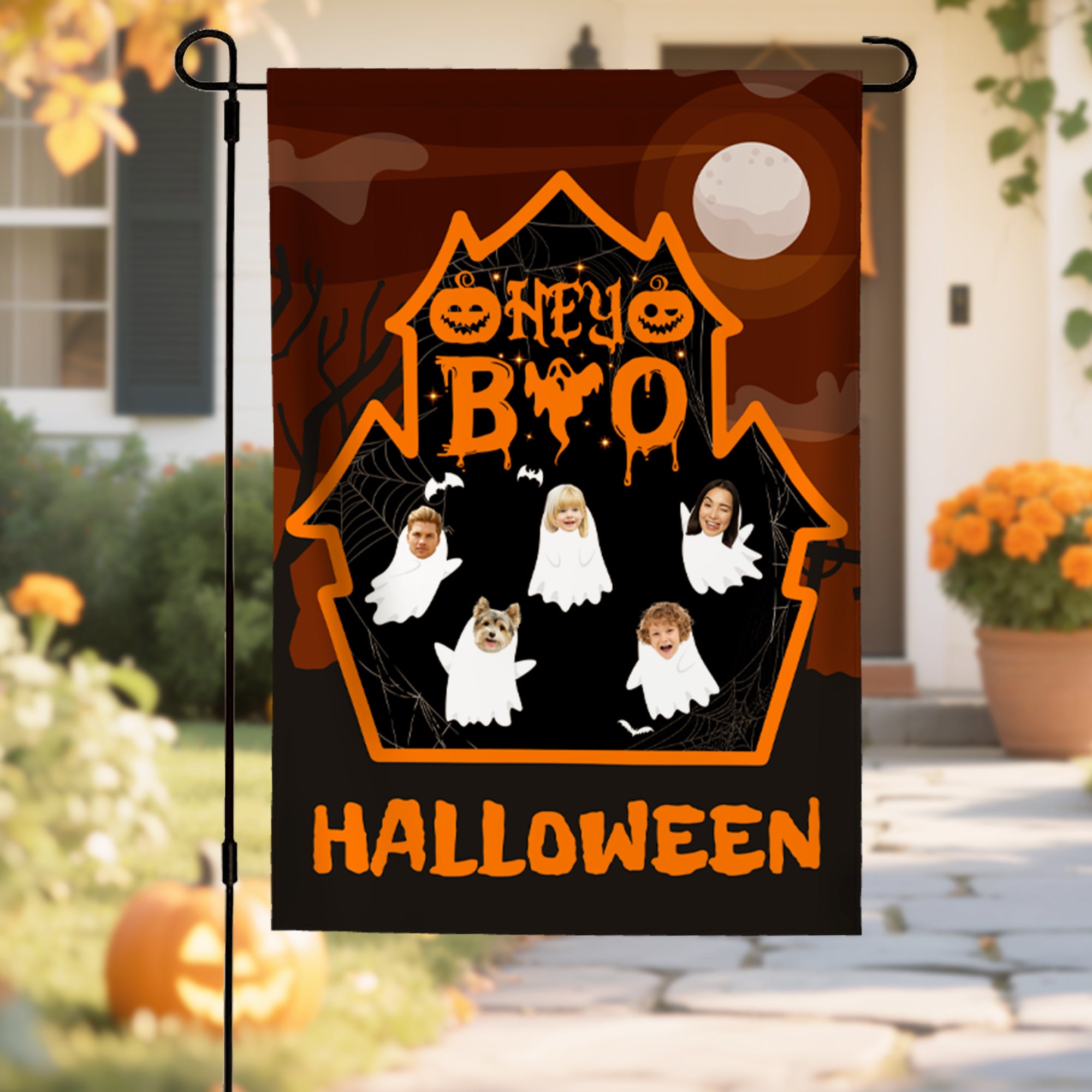 Bandera personalizada del castillo del fantasma de la historieta con 1-6 fotos de la cara Yard Garden Decor Spooky Season Halloween Gift for Family