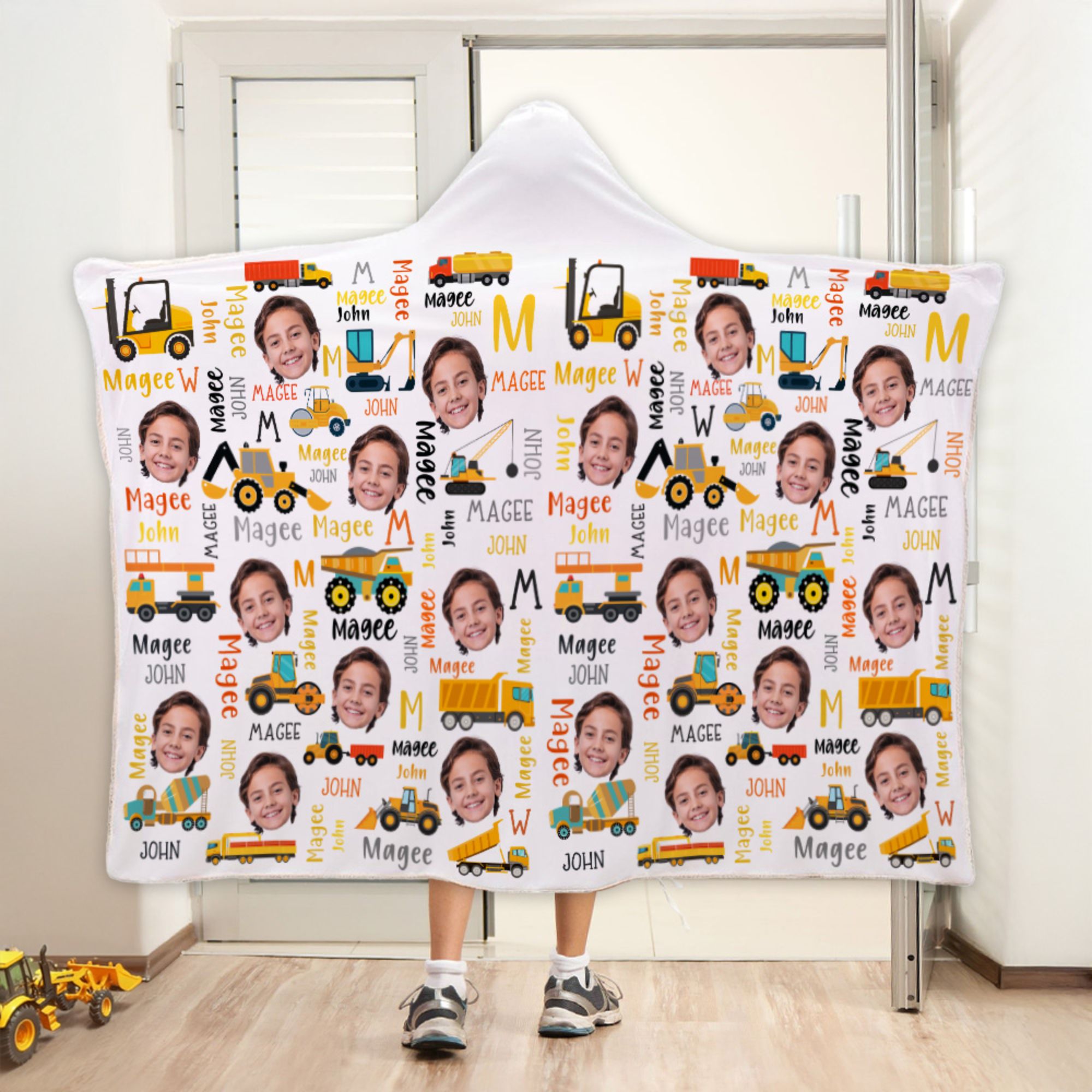Camión Excavadora Personalizado Foto Cara Manta Suave con Capucha con Inicial y Nombre Regalo de Cumpleaños para Amante de los Vehículos de Ingeniería