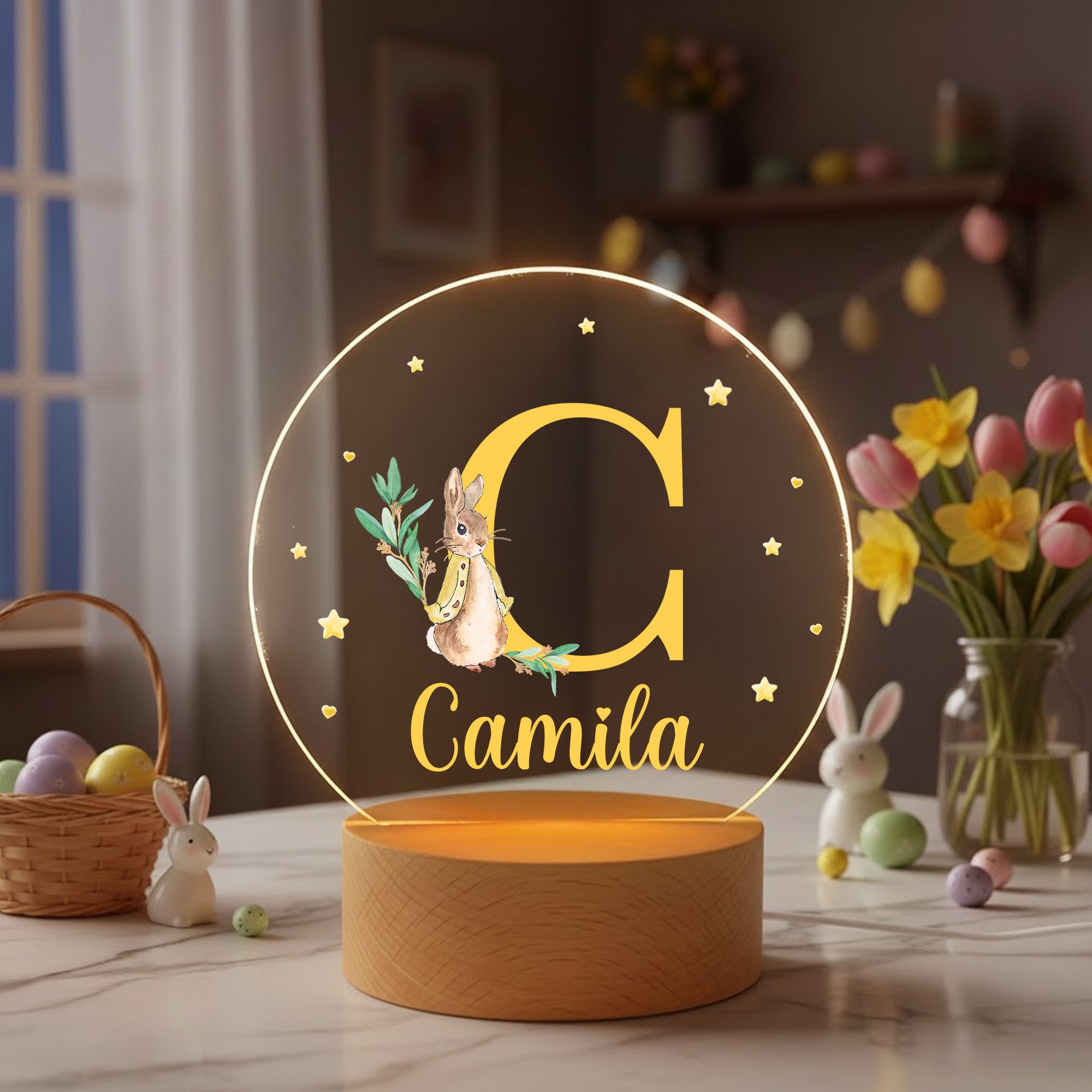 Conejito de Pascua Personalizado Luz de Noche Acrílica con Nombre y Base de Madera Decoración de Habitación Pascua Cumpleaños Regalo para Niños