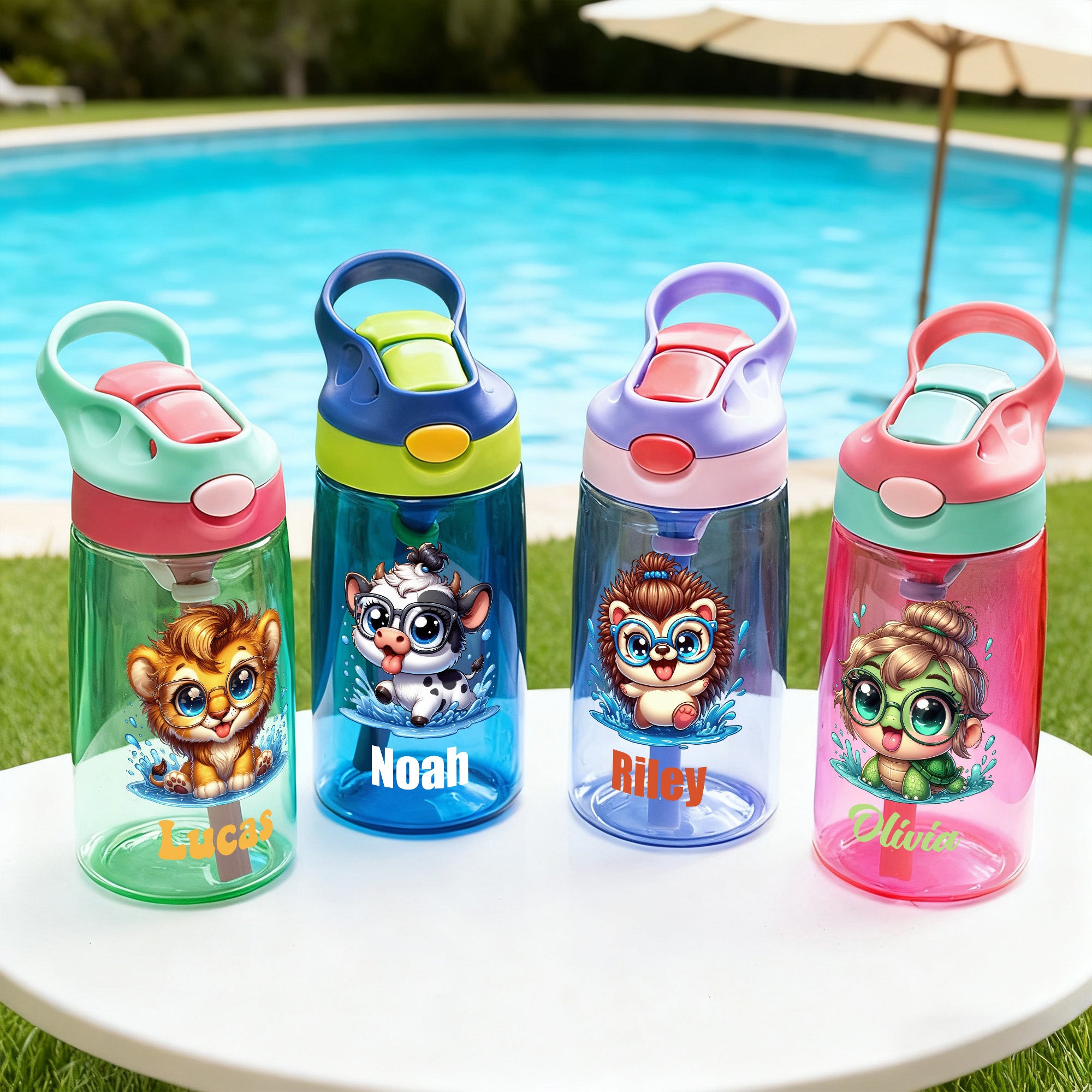 Botella de agua para niños de 16 oz con nombre y pajita de silicona Personalizada Animales de dibujos animados Regalo de cumpleaños de vuelta al cole para niños Niñas