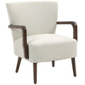Accent Chair with Wooden Legs, Upholstered Linen Fabric Armchair with Wide Back & Thick Padding, Cream White