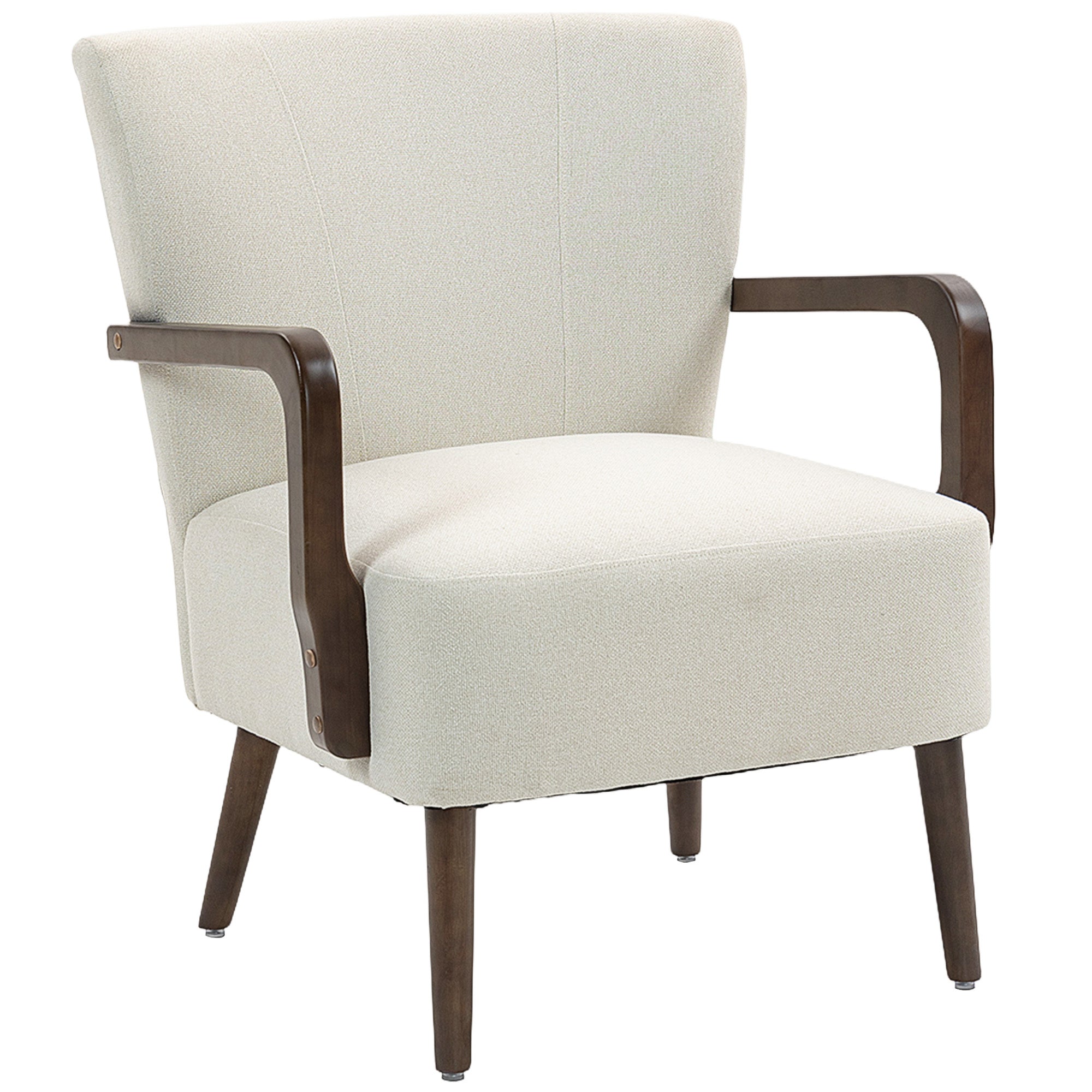 Accent Chair with Wooden Legs, Upholstered Linen Fabric Armchair with Wide Back & Thick Padding, Cream White