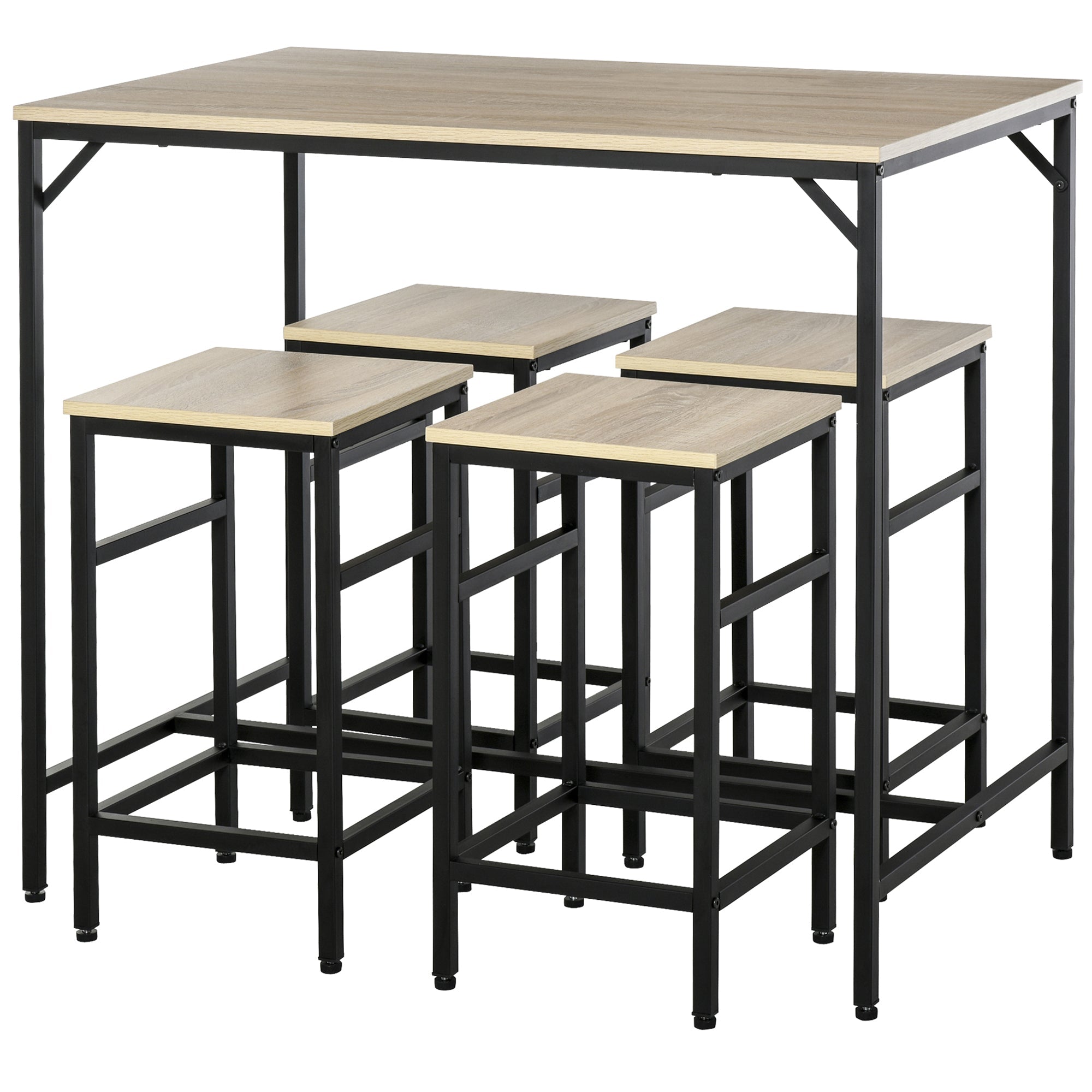 5-Piece Industrial Bar Table Set with 4 Stools for Dining Room Kitchen Dinette, Oak