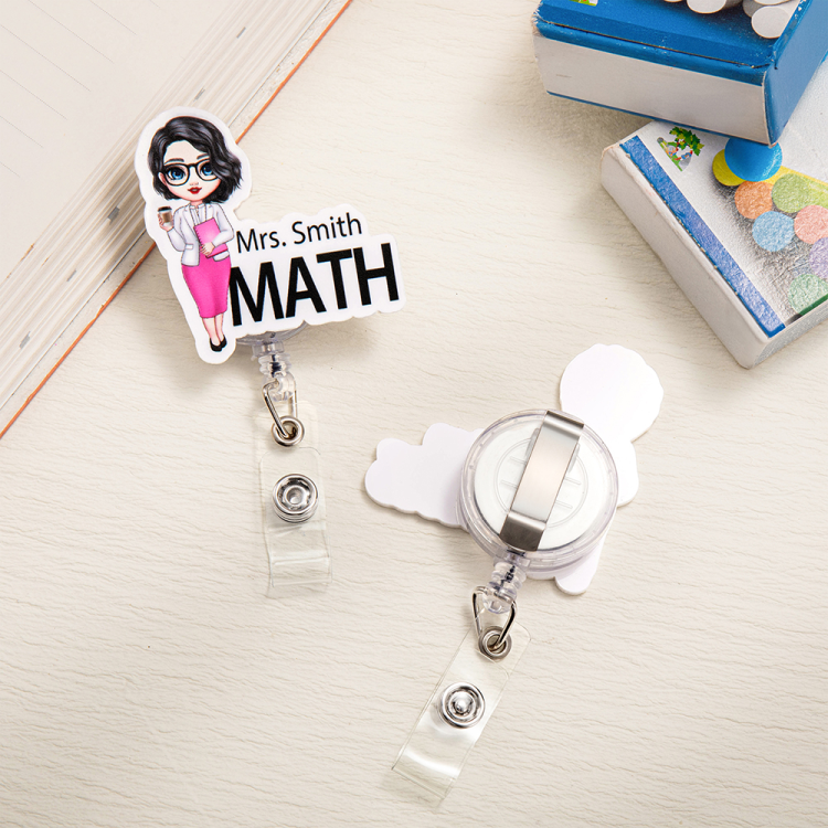 Personalizado lindo personaje de dibujos animados de acrílico retráctil badge carrete con el nombre y el tema de vuelta a la escuela Día del Maestro regalo de cumpleaños para los maestros