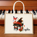 Personalizado Nacimiento Flor Mariposa Piano Diseño Grande Bolsa de Yute Tote con Nombre Viaje Esencial Cumpleaños Fiesta de Boda Regalo para Mujeres Amantes de la Música