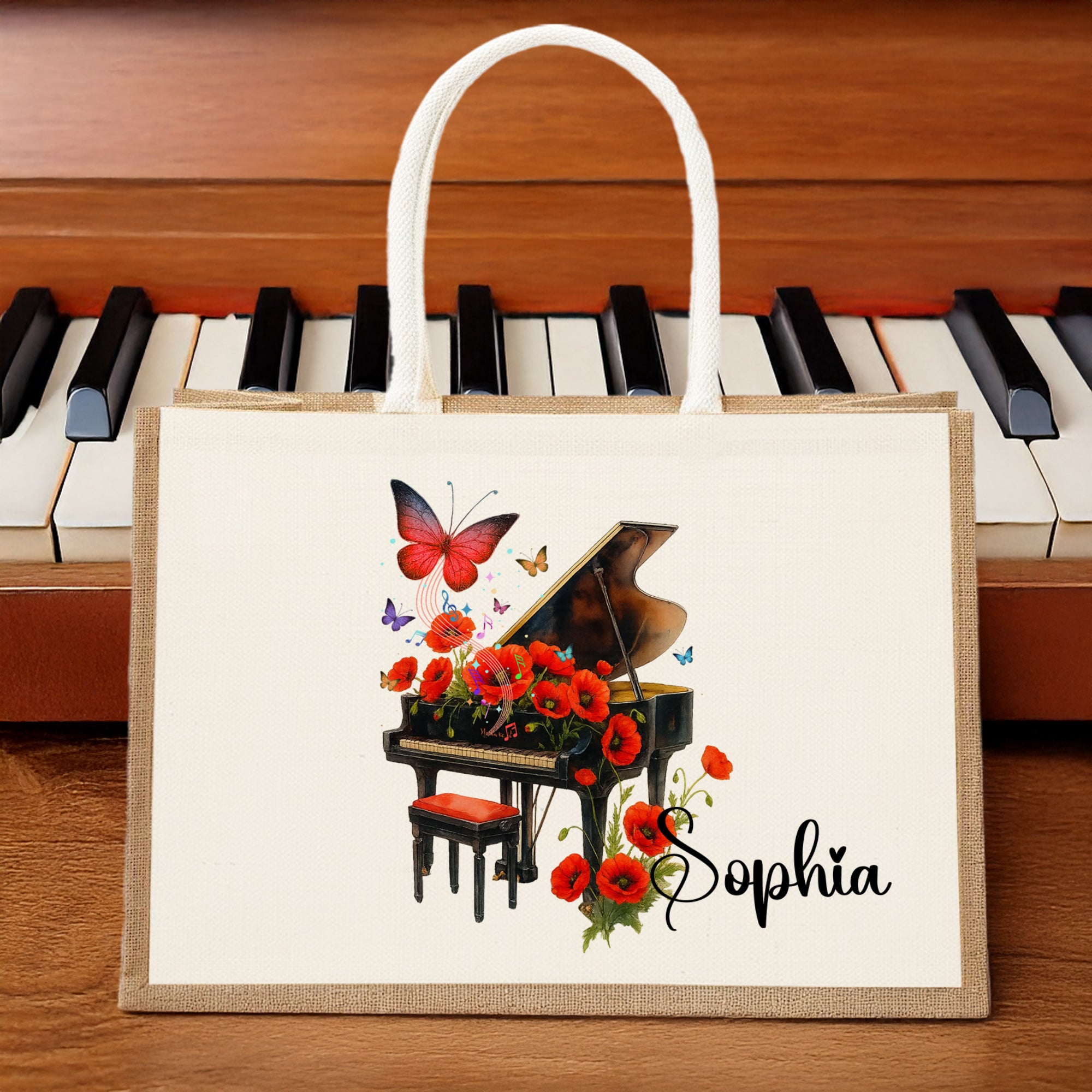 Personalizado Nacimiento Flor Mariposa Piano Diseño Grande Bolsa de Yute Tote con Nombre Viaje Esencial Cumpleaños Fiesta de Boda Regalo para Mujeres Amantes de la Música
