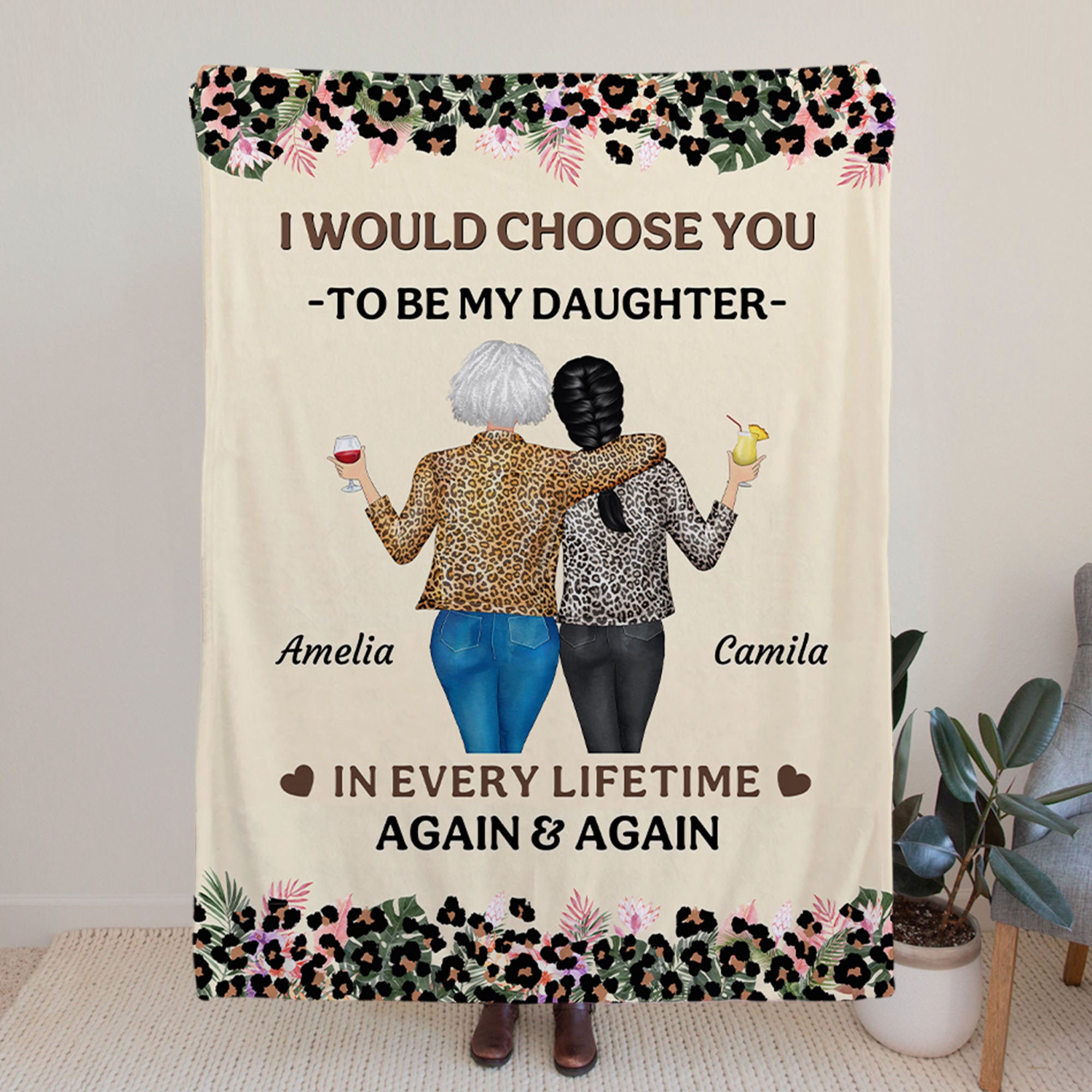 Leopardo personalizado de dibujos animados Madre e Hija Vista posterior Suave manta con nombres Decoración para el hogar Regalo de cumpleaños para las mujeres