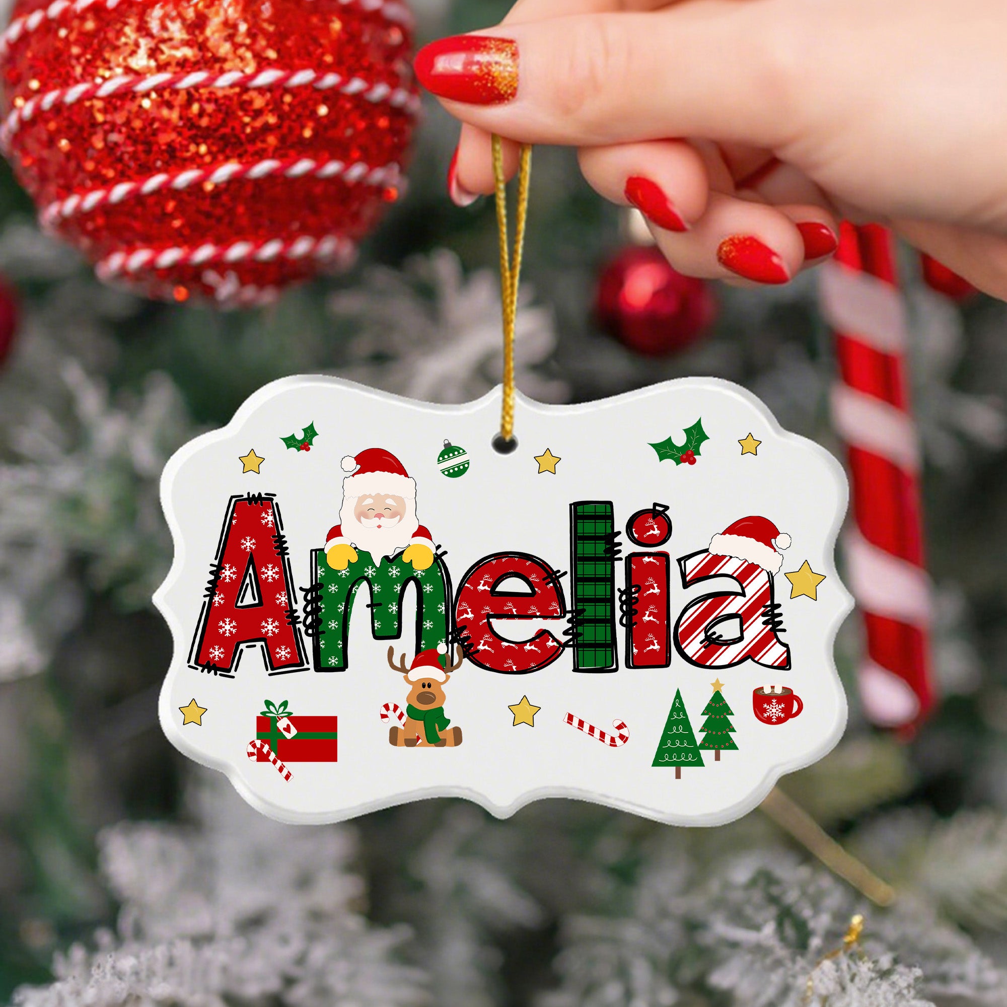 Adorno navideño personalizado de cerámica con el nombre de Papá Noel y 3 cuerdas colgantes Decoración del árbol Regalo de Navidad para la familia