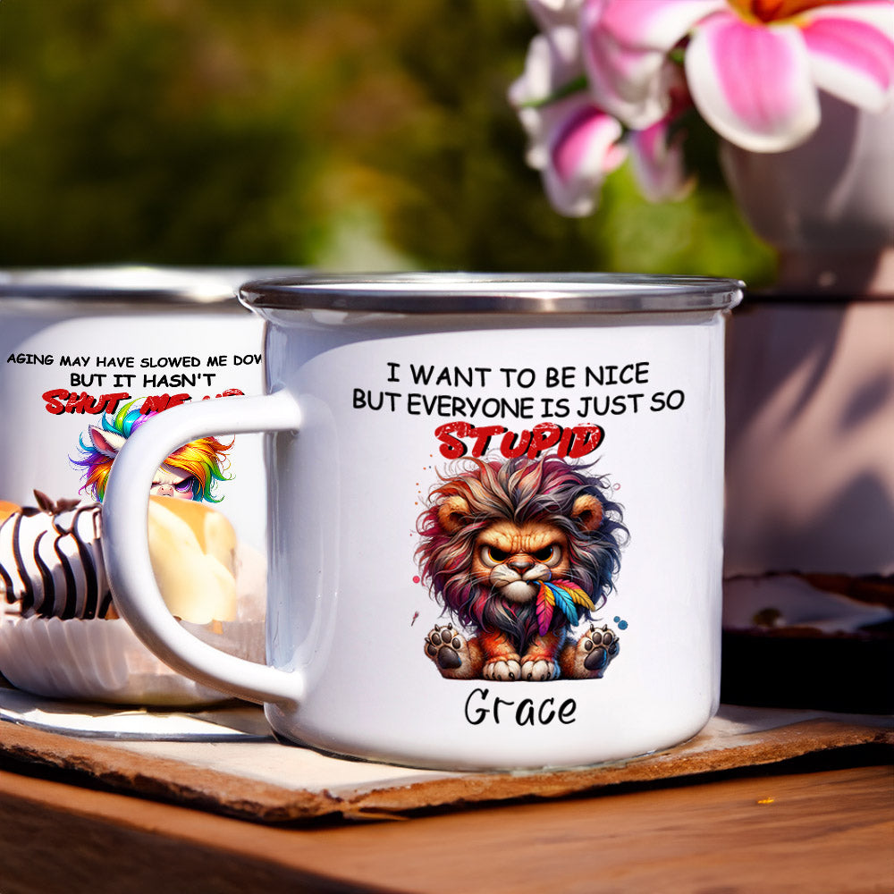 Personalizada Divertido León Perro Fantasía Unicornio Gruñón Animales 11 oz Esmalte Taza con Nombre Uso Diario Cumpleaños Regalo para Amigo de la Familia