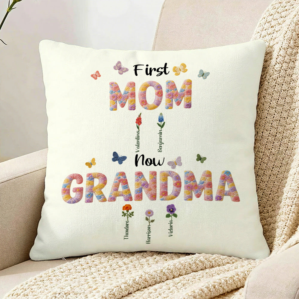 Funda de Almohada Personalizada Efecto Hilo Nacimiento Flor Primera Mamá Ahora Abuela Suave Funda de Almohada con Nombres Regalo del Día de la Madre para Mamá Abuela