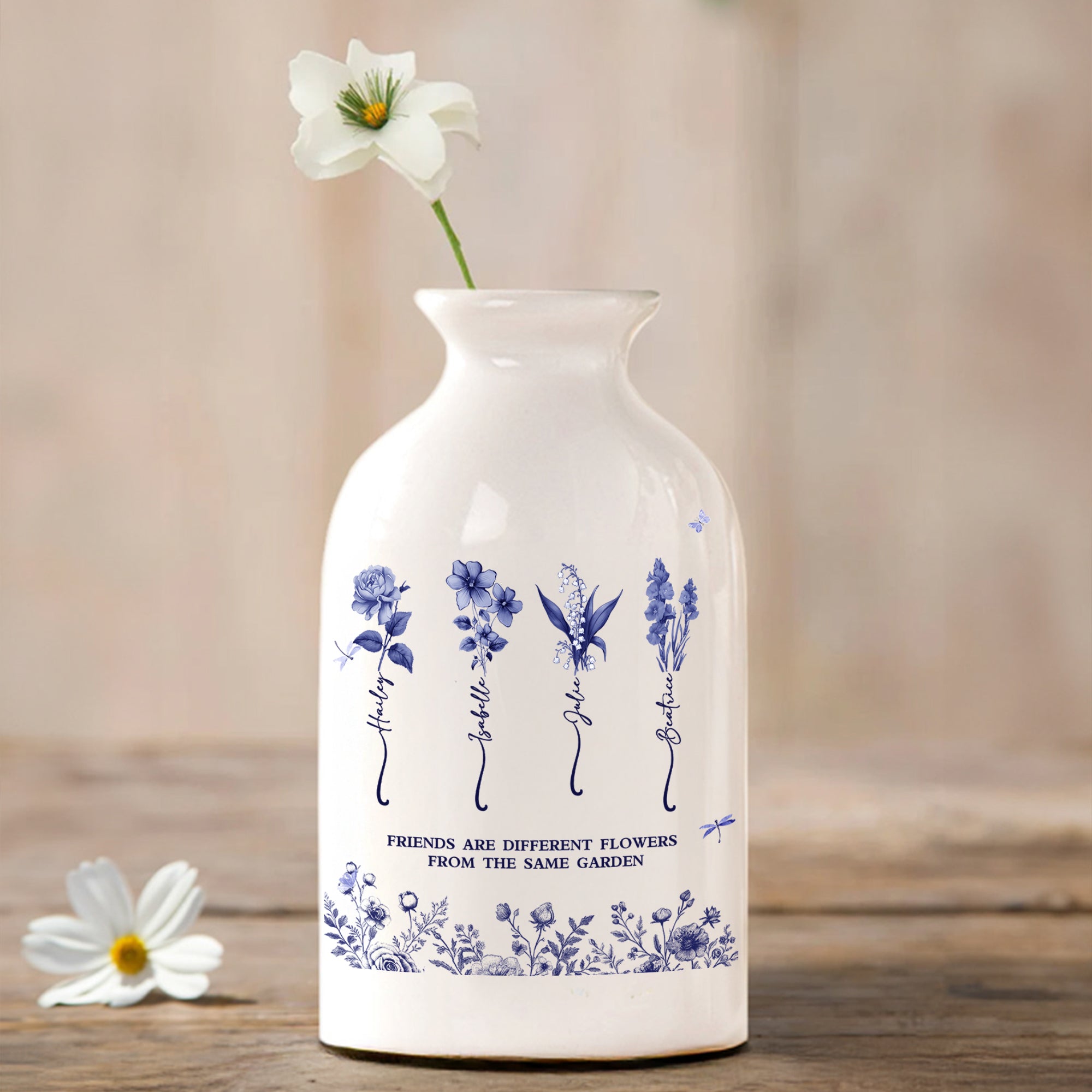 Personalizada Toile De Jouy Nacimiento Flor Florero de cerámica con 1-9 Nombres Decoración para el hogar Regalo de cumpleaños para Besties Amigos