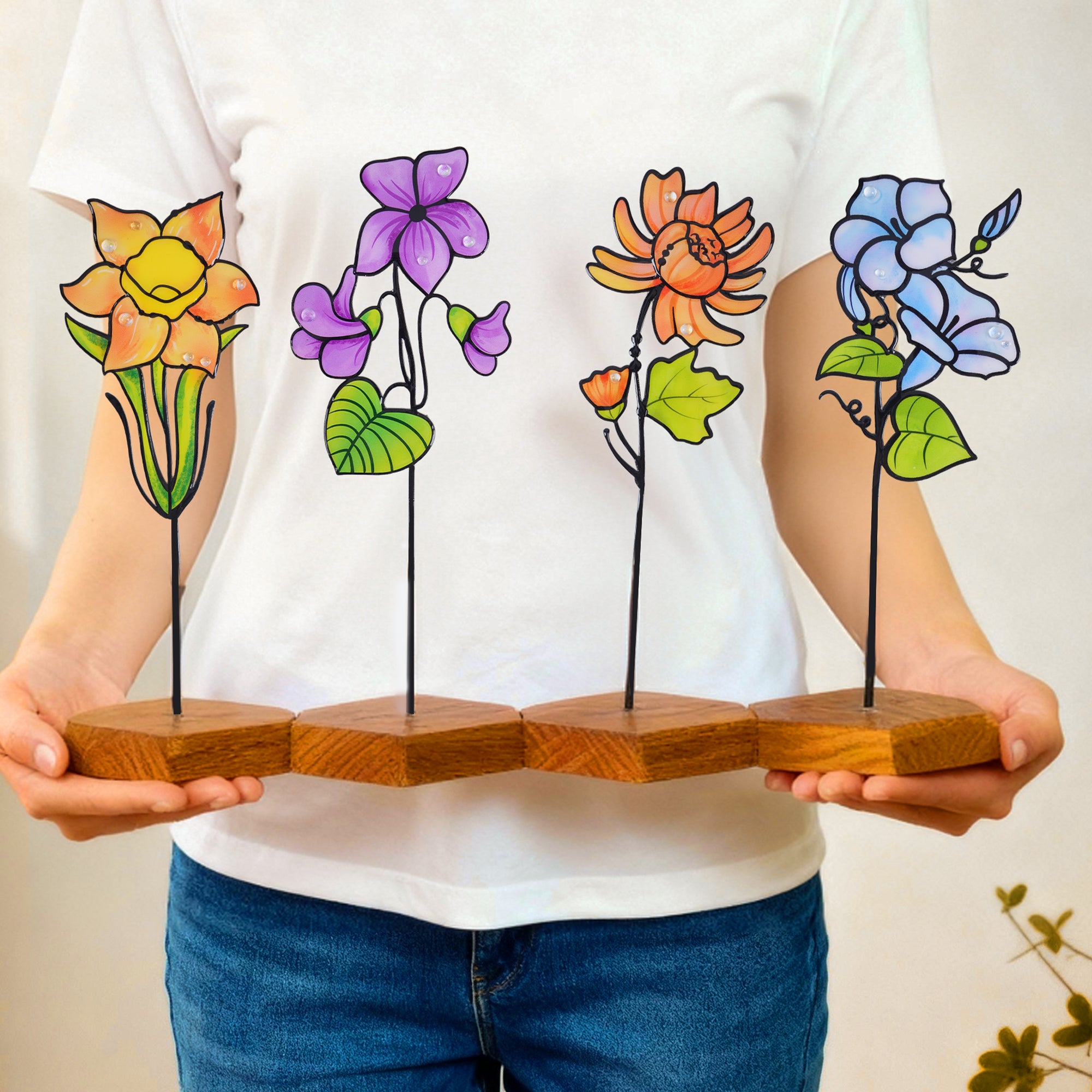 Estaca de jardín de flores de nacimiento personalizada con texto y base de madera Decoración de macetas de jardín Regalo de cumpleaños para mujeres jardineras