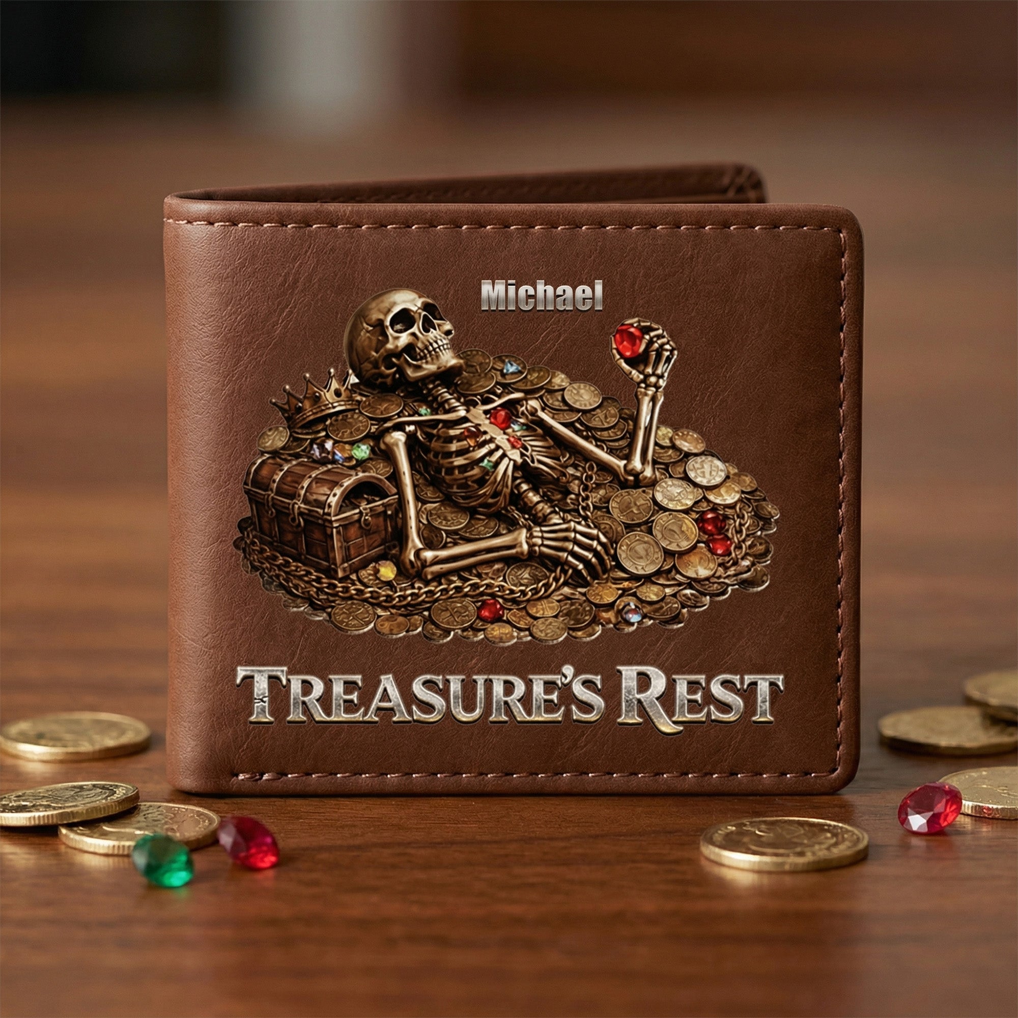 Personalizada Treasure's Rest Esqueleto portátil de cuero PU billetera con nombre Aniversario Cumpleaños Día del Padre de regalo para los hombres