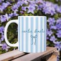 Personalizada azul raya arco 11/15 oz taza de café de cerámica con texto anuncio del bebé regalo de cumpleaños para la tía de la familia