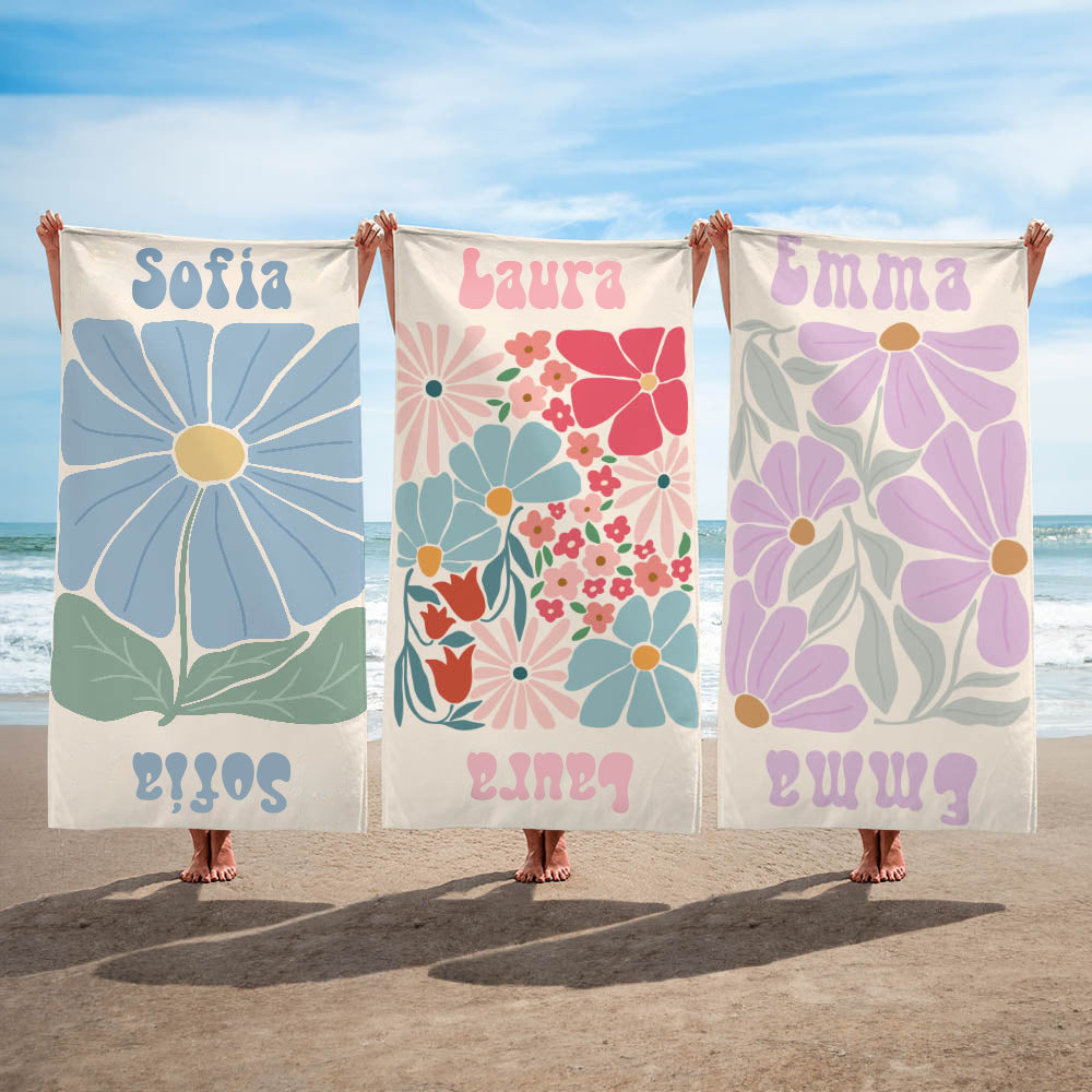 Toalla de playa personalizada de secado rápido con flores multicolor y nombre regalo para mujeres vacaciones de verano y fiesta en la piscina