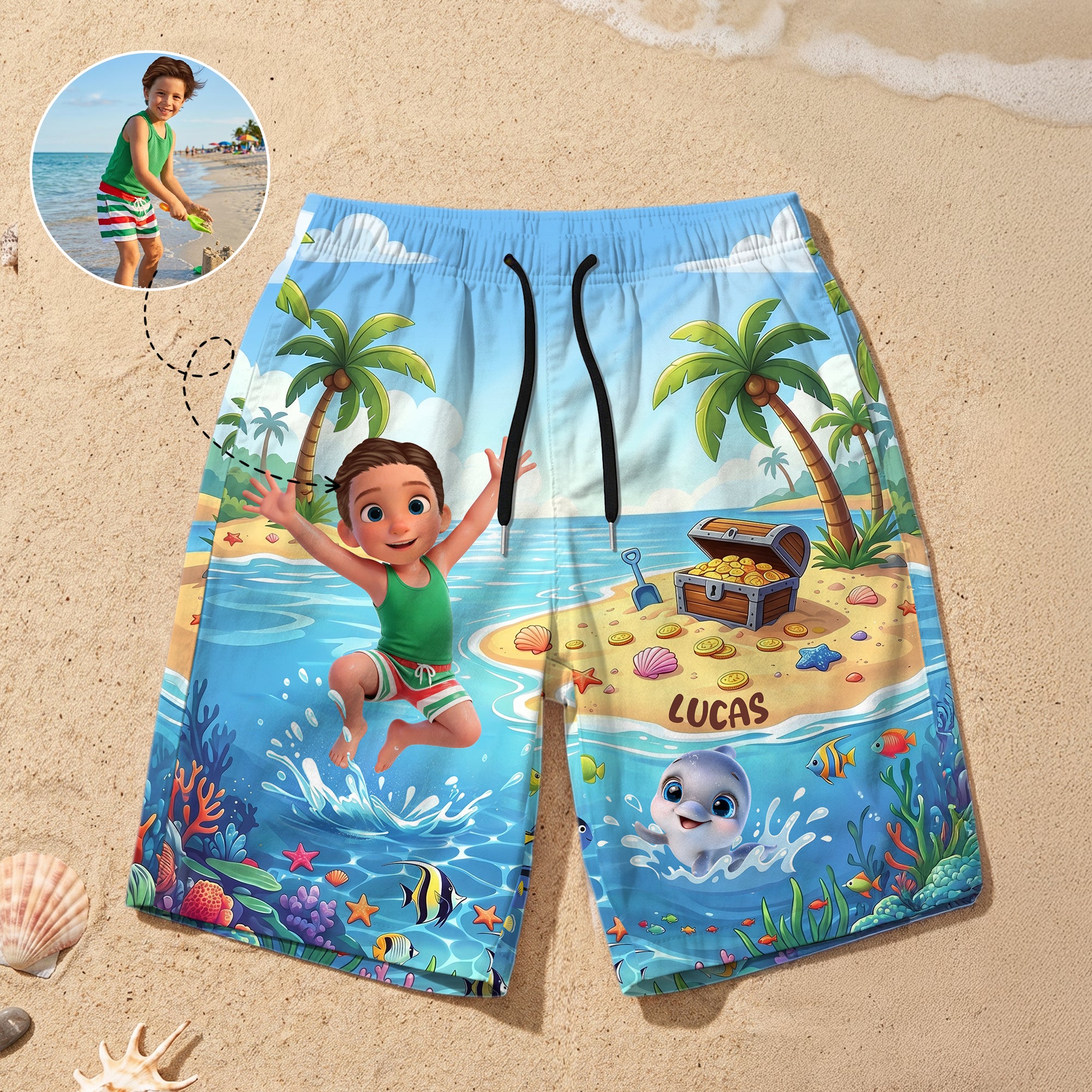 Bañador personalizado con el nombre de un simpático animal marino de dibujos animados en 3D para niños Vacaciones de verano Regalo de cumpleaños del padre para niño Adolescente Hombre