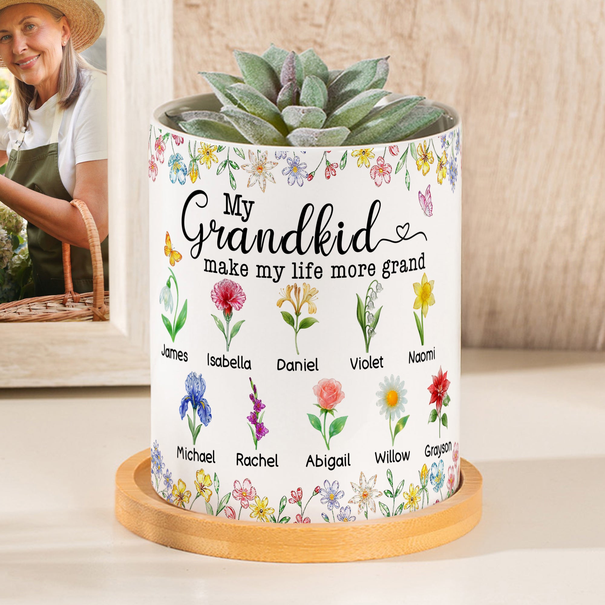 Maceta de Cerámica con Nombre y Bandeja de Bambú Personalizada con Flor de Nacimiento Estilo Cristal Regalo para el Día de la Madre para Mamá Abuela