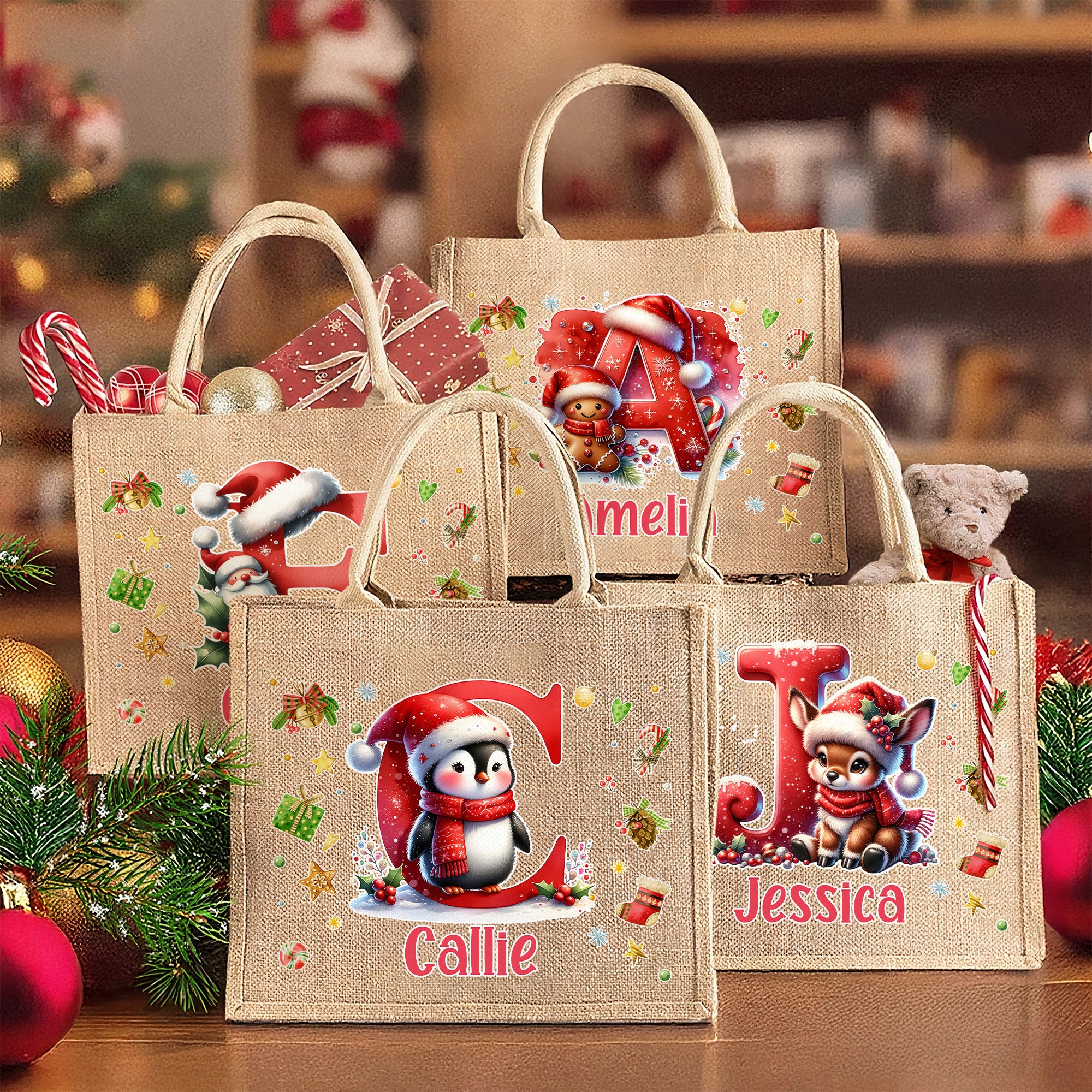 Personalizada de dibujos animados de Navidad Pingüino Reno Inicial de gran capacidad Bolsa de asas con nombre de Navidad Regalo para Mujeres Niños