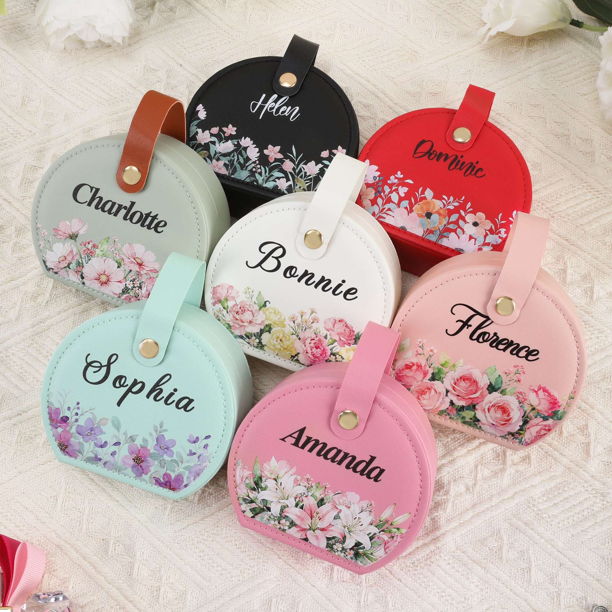 Personalizada de nacimiento de flores portátil de cuero de la PU de mano joyería caso con el nombre de cumpleaños de regalo de boda para las mujeres damas de honor