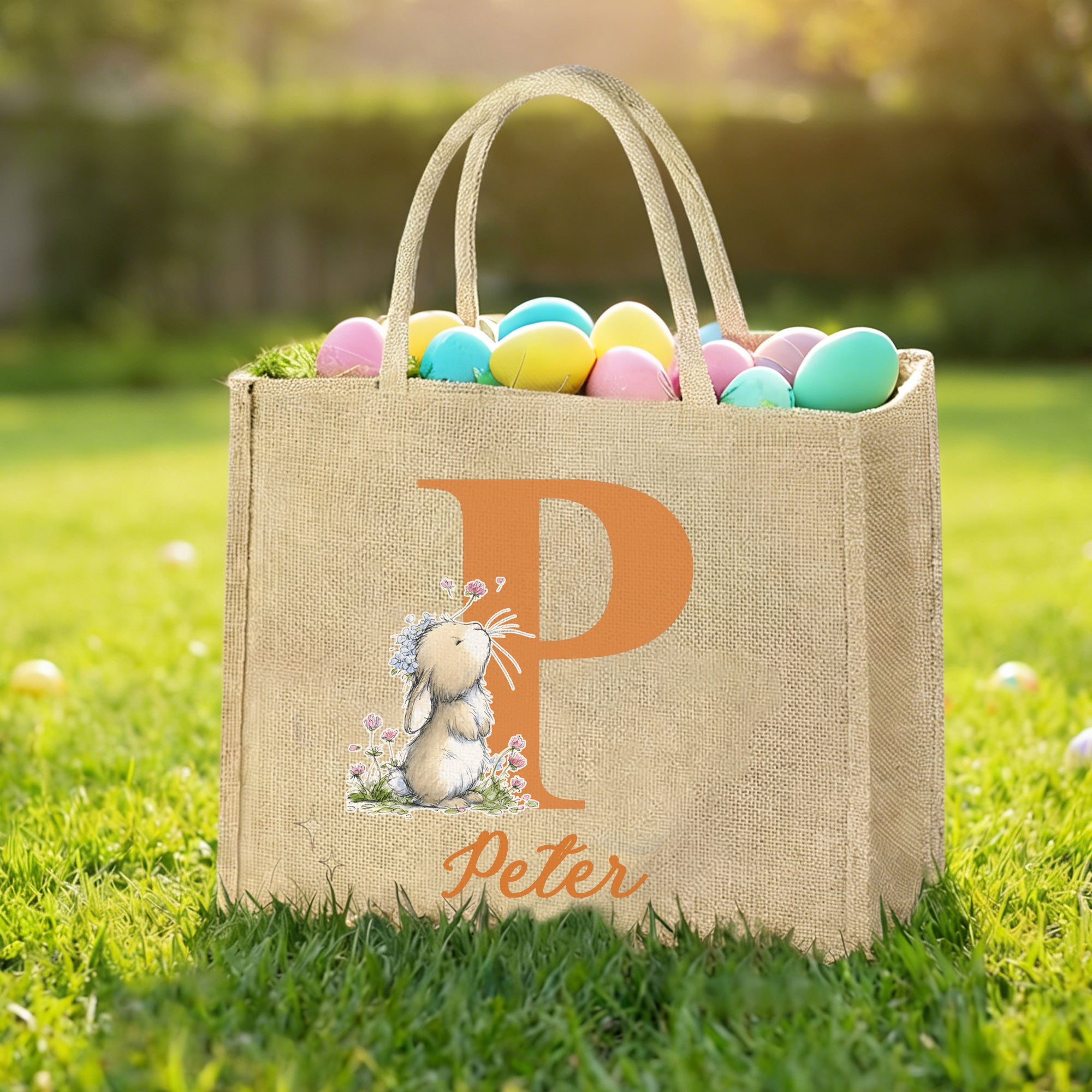 Conejito de Pascua personalizado Bolsa de yute de gran capacidad con inicial y nombre Regalo de Pascua de uso diario para amigos Niños