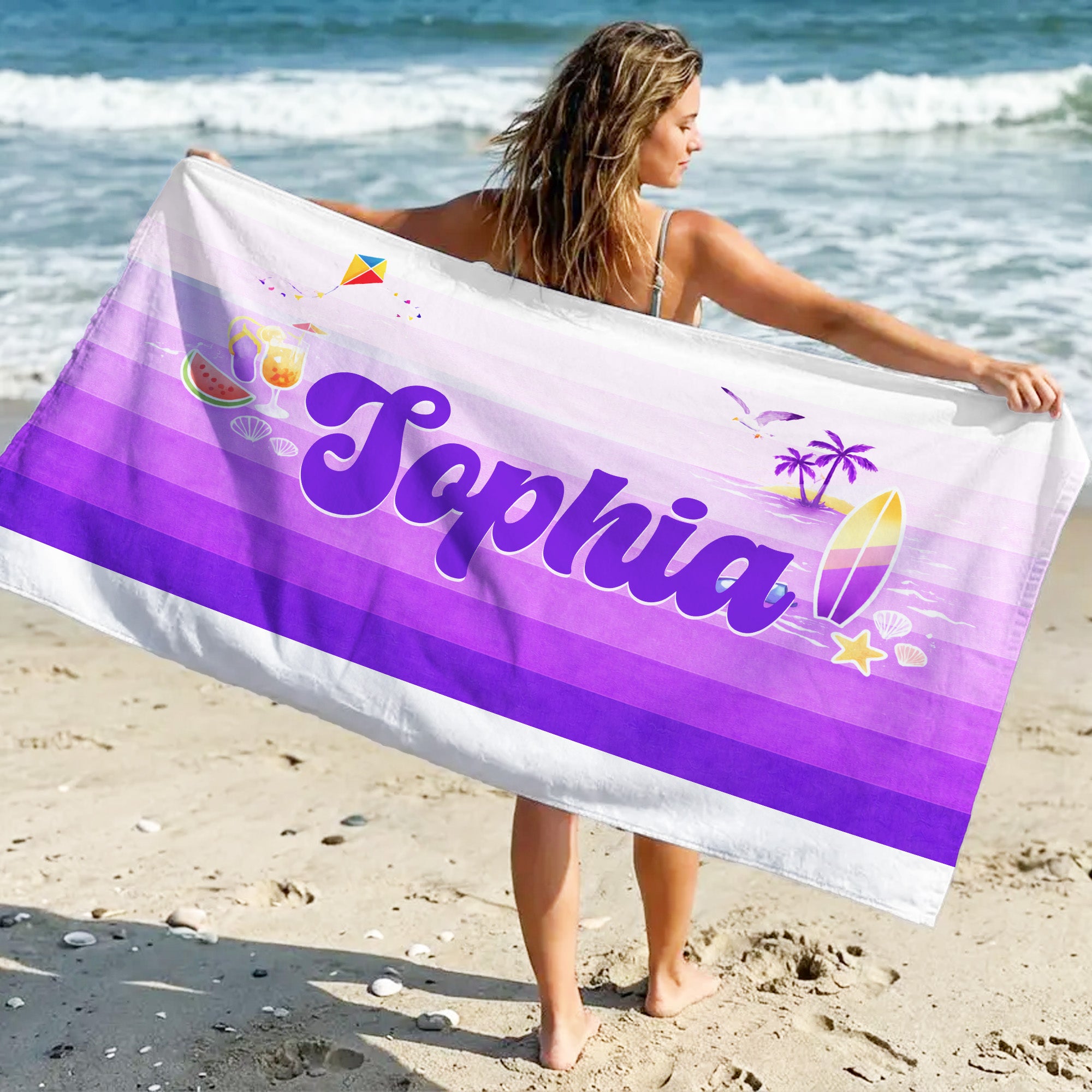 Toalla de playa personalizada de rayas degradadas multicolor de gran tamaño y secado rápido con nombre Esenciales de viaje para la playa Regalo de cumpleaños para un amigo de la familia