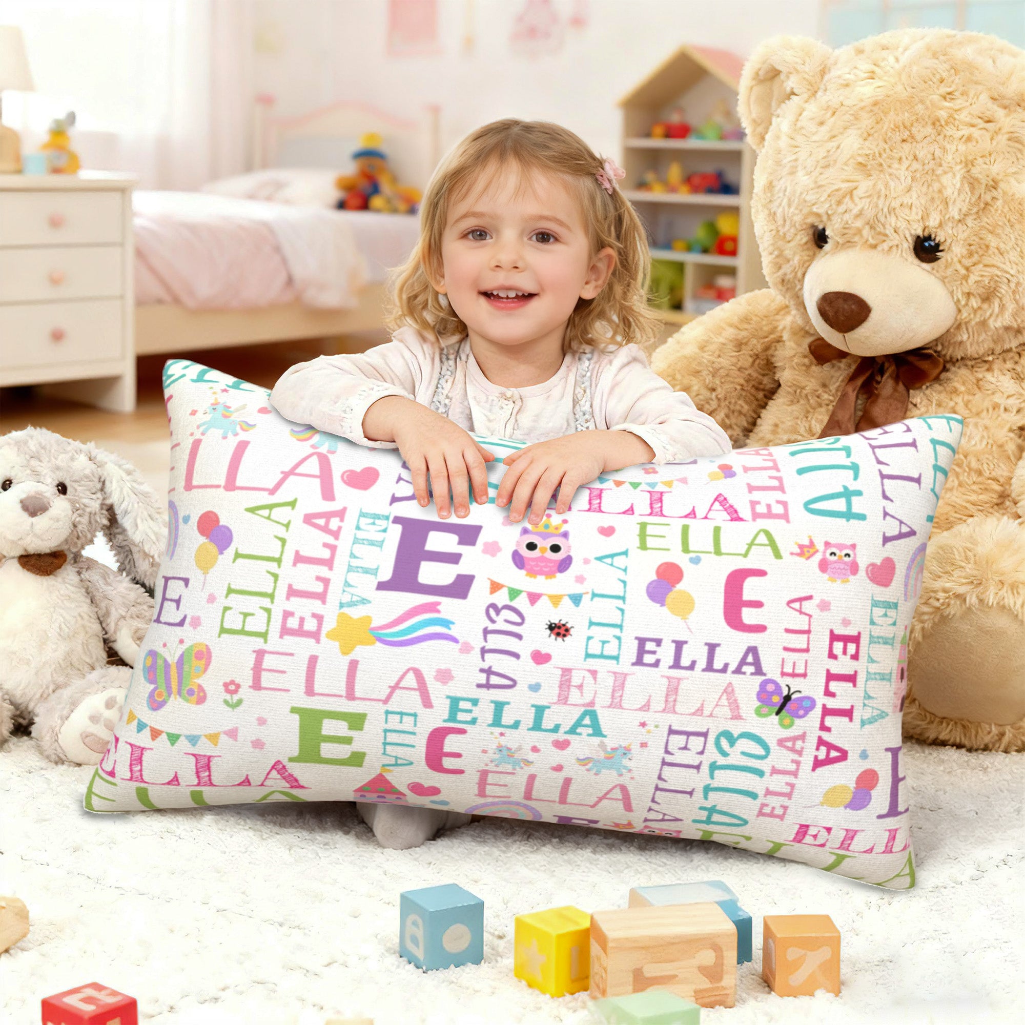 Personalizada Arco Iris Dinosaurio Rectangular Lindo Dibujos Nube de Palabras Funda de Almohada con Inicial y Nombre Decoración del Hogar Regalo de Cumpleaños para Niños