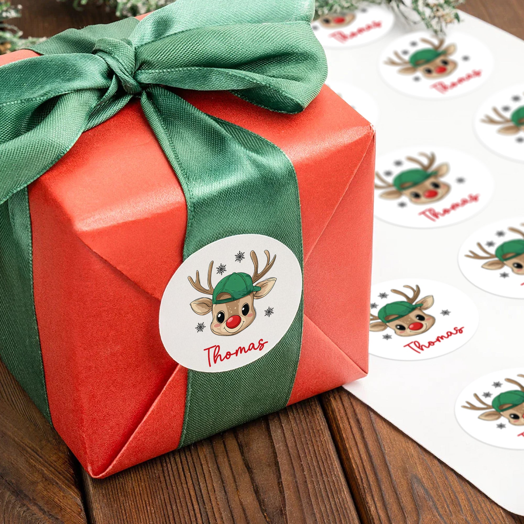 Reno de dibujos animados personalizado Etiquetas adhesivas impermeables con nombre Regalo Decoración Fiesta de Navidad para niños Niñas