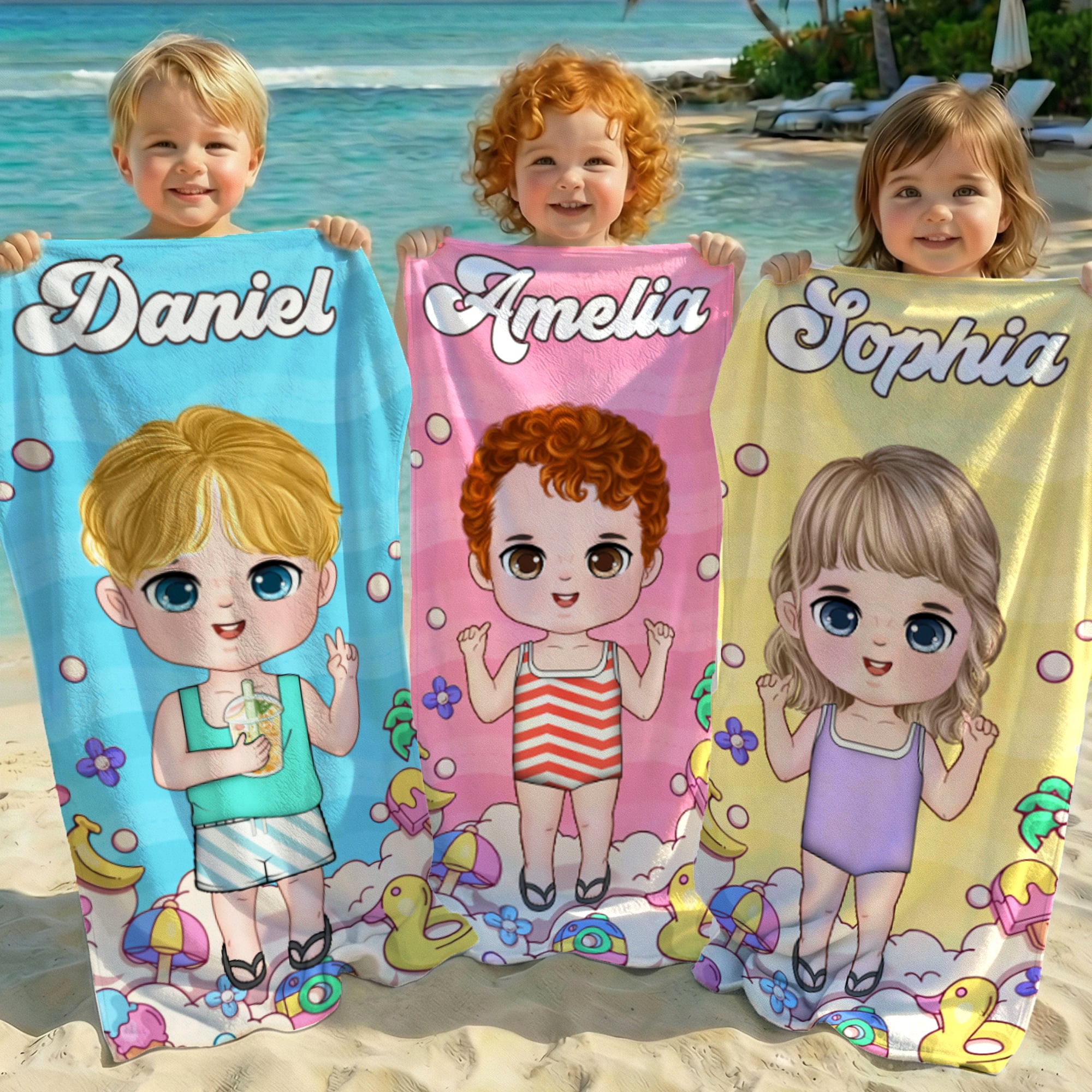 Toalla de playa personalizada extragrande de secado rápido con diseño animado y nombre  regalo de vacaciones cumpleaños para niños o familia