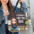 Personalizada Vintage Cartoon Personaje grande con cremallera Bolsa de asas con nombre Día de la Madre Cumpleaños Regalo para mamá Abuela amantes de tejer