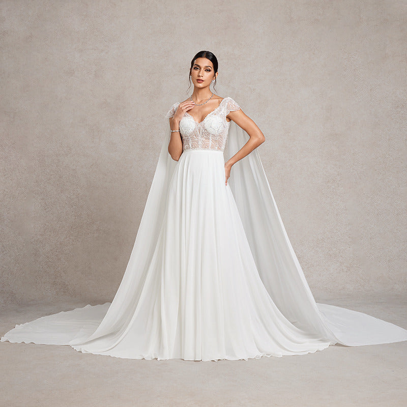 Bridal Wedding Dress Ivory Short Sleeve Long V-Neck A-line