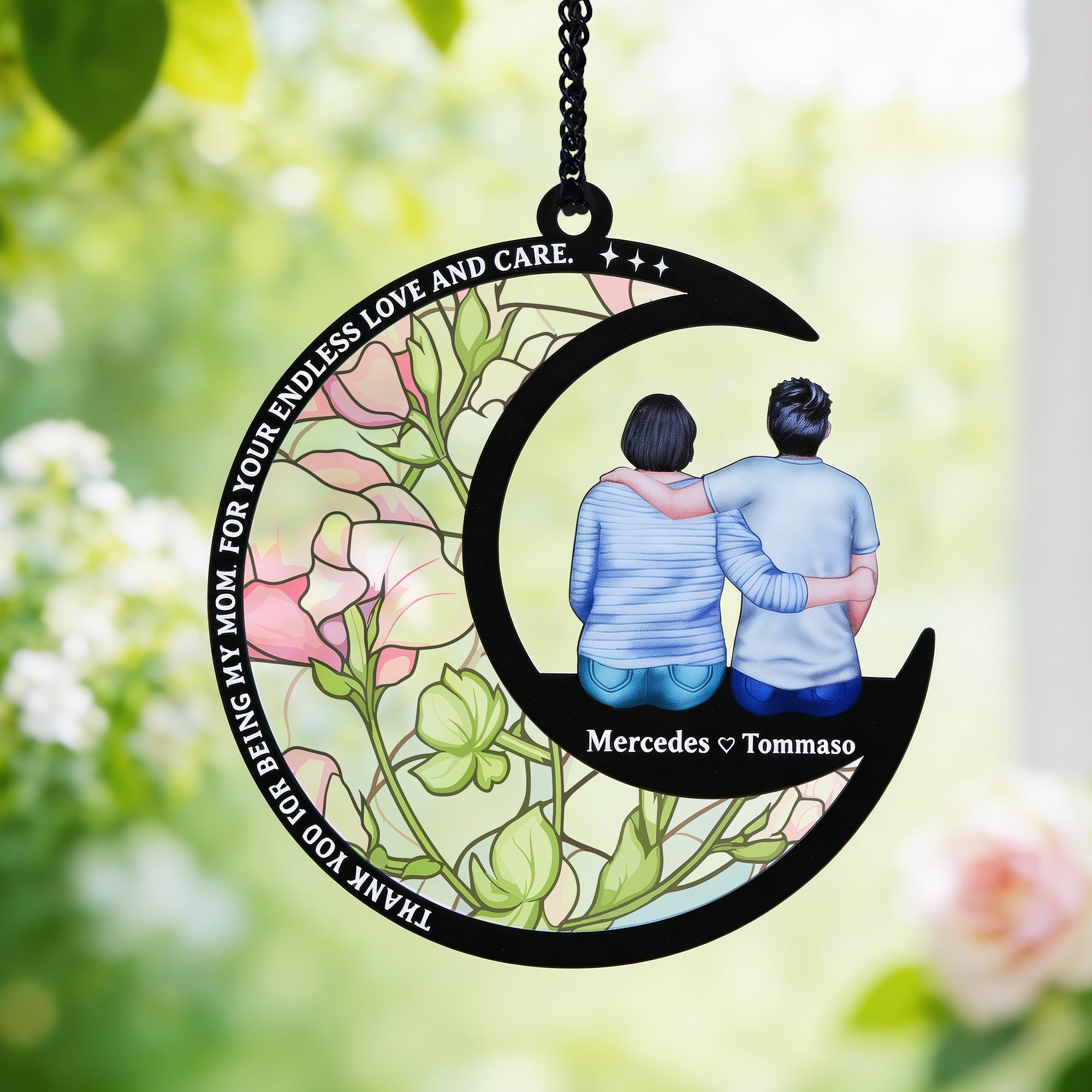 Personalizar Nacimiento Flor Dibujos Mamá Niños Vista Posterior Atrapasol en Forma de Luna con Nombres Ventana Colgante Decoración Hogar Regalo Día de la Madre para Mamá Abuela