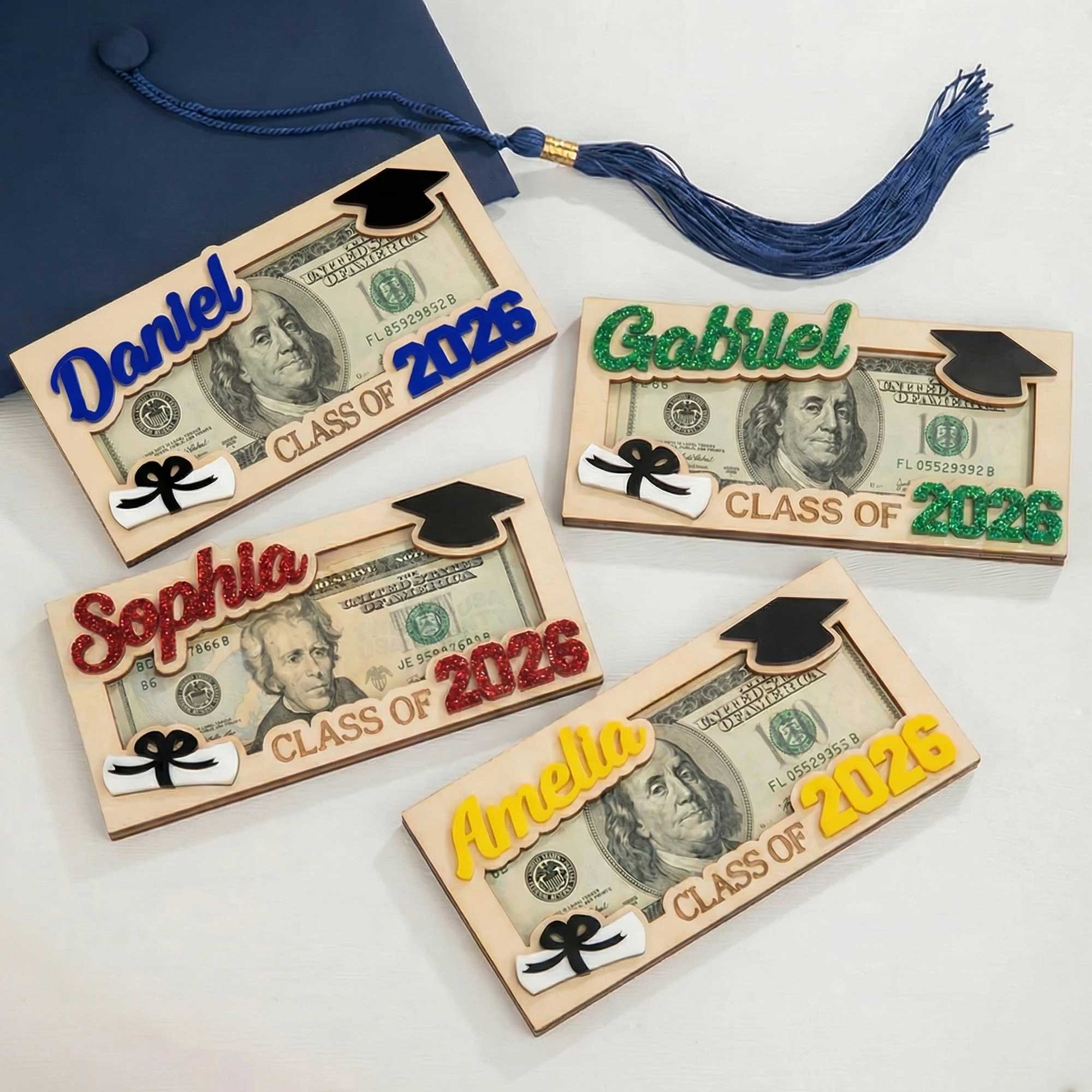 Felicitaciones Personalizadas Clase de Graduación Porta Dinero de Madera con Nombre y Año Fiesta de Graduación Regalo para Graduados Estudiantes
