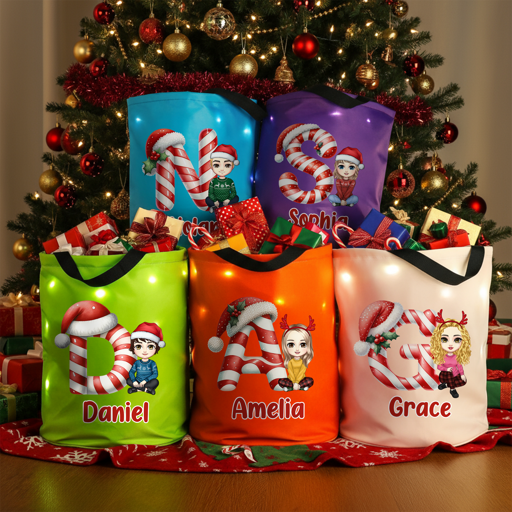 Gorro de Papá Noel personalizado Caricatura de personaje impermeable Luz LED Bolsa de cubo con nombre Regalo de Navidad para niños Amigos Familia