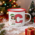 Taza personalizada de esmalte con el nombre del duende de Navidad de dibujos animados con iniciales 12 oz borde de color Regalo de Navidad para los niños
