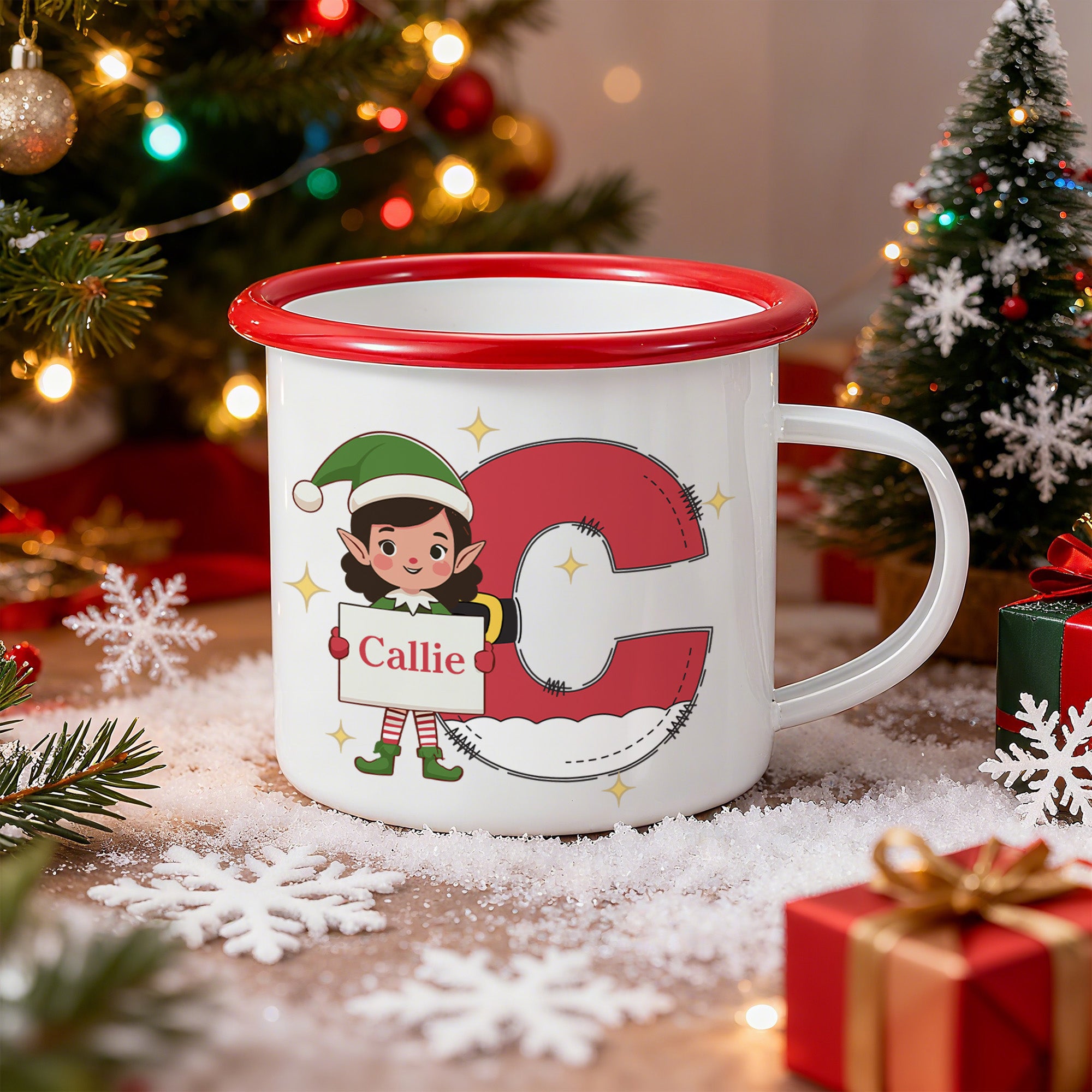 Taza personalizada de esmalte con el nombre del duende de Navidad de dibujos animados con iniciales 12 oz borde de color Regalo de Navidad para los niños