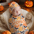 Calabaza Personalizada Flor 100% Algodón Swaddle y Nudo Sombrero Set con Nombre Primer Halloween Baby Shower Cumpleaños Regalo para Bebé Recién Nacidos